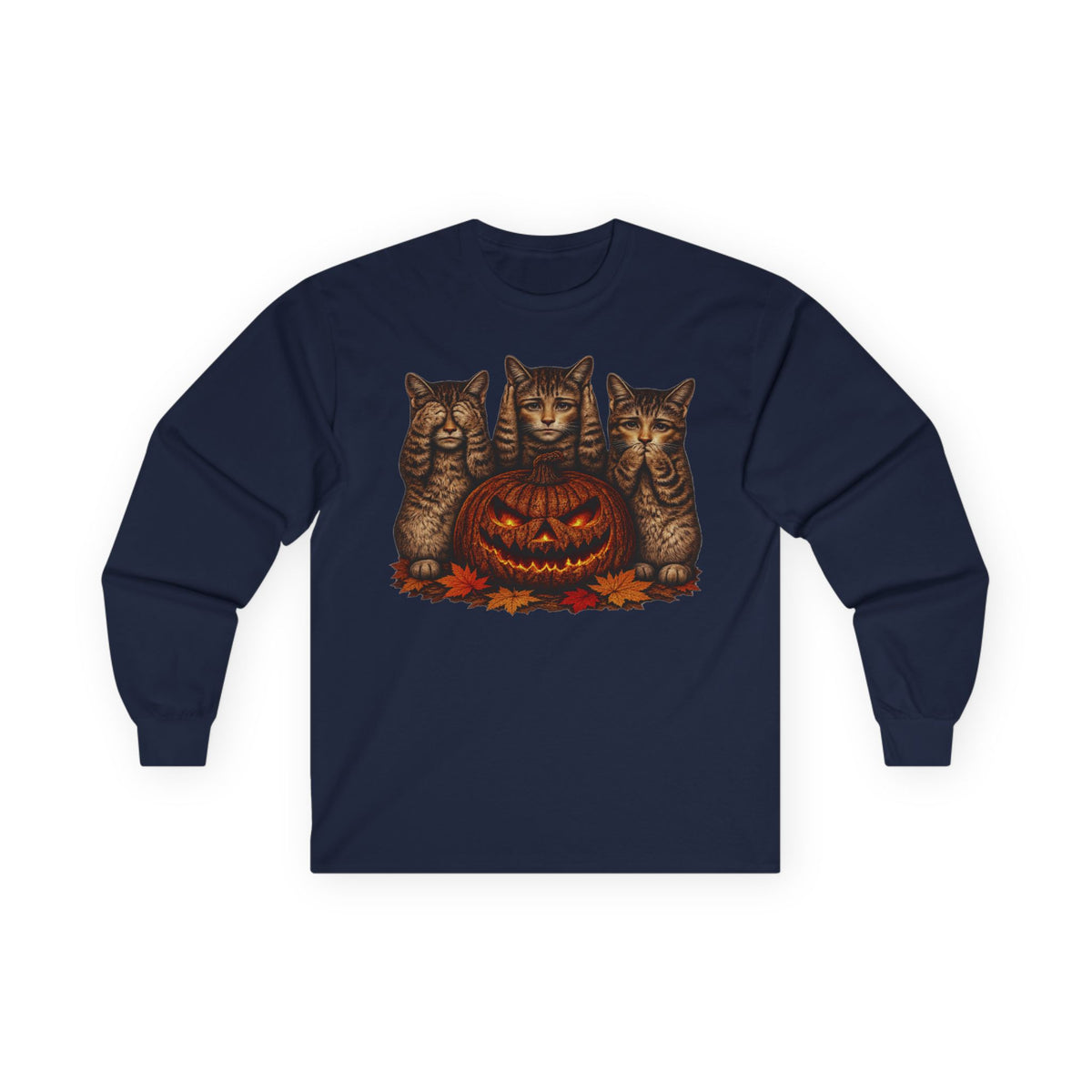 Anthropomorphic Trio Of  Cats Long Sleeve Tee — Three Kittens with Jack-O'-Lantern Graphic