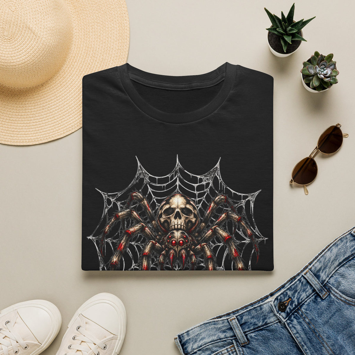 Skull Spider Web Graphic T-Shirt — Gothic Horror Halloween Tee