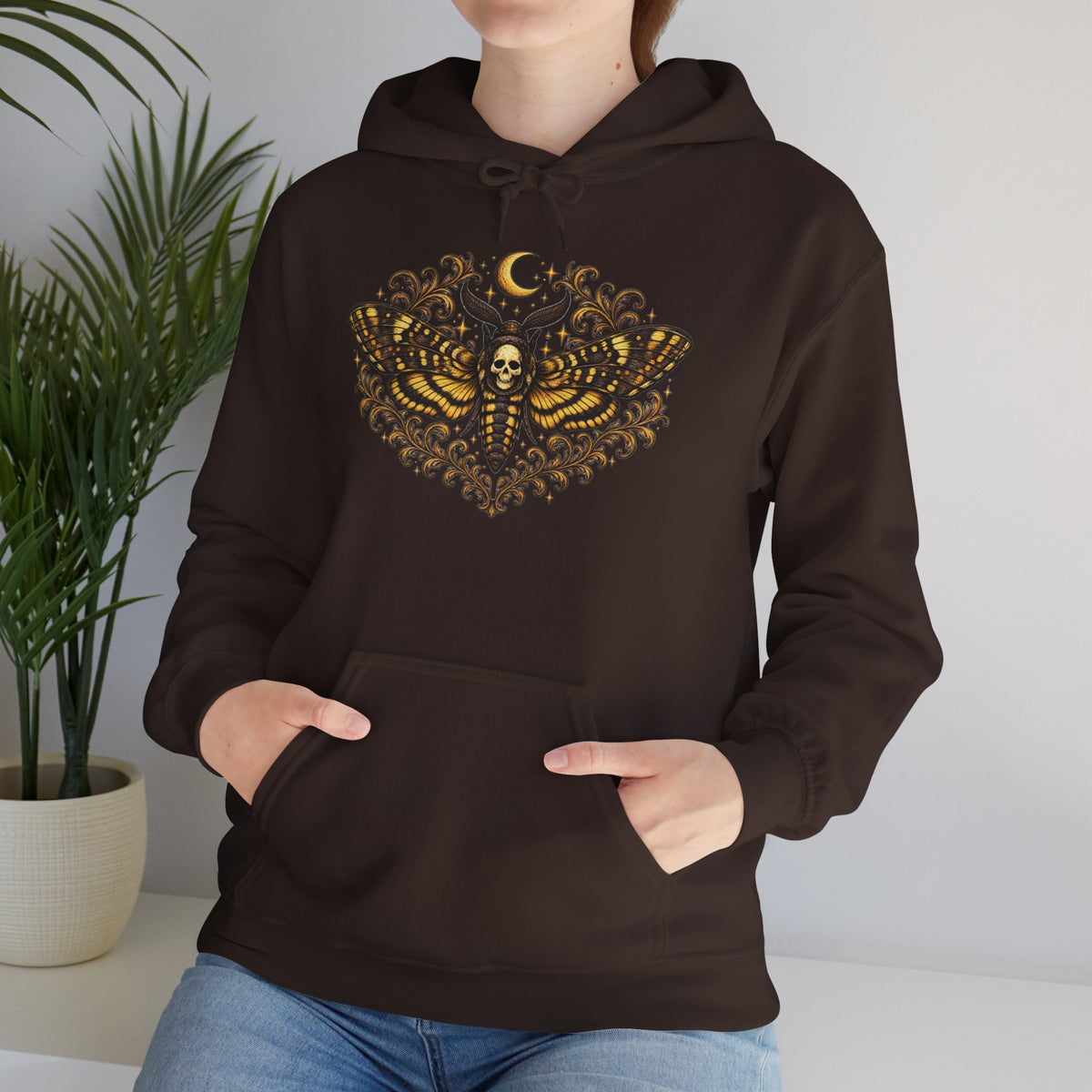 Mystic Death Moth Skull Hoodie – Crescent Moon Gothic Graphic Sweatshirt