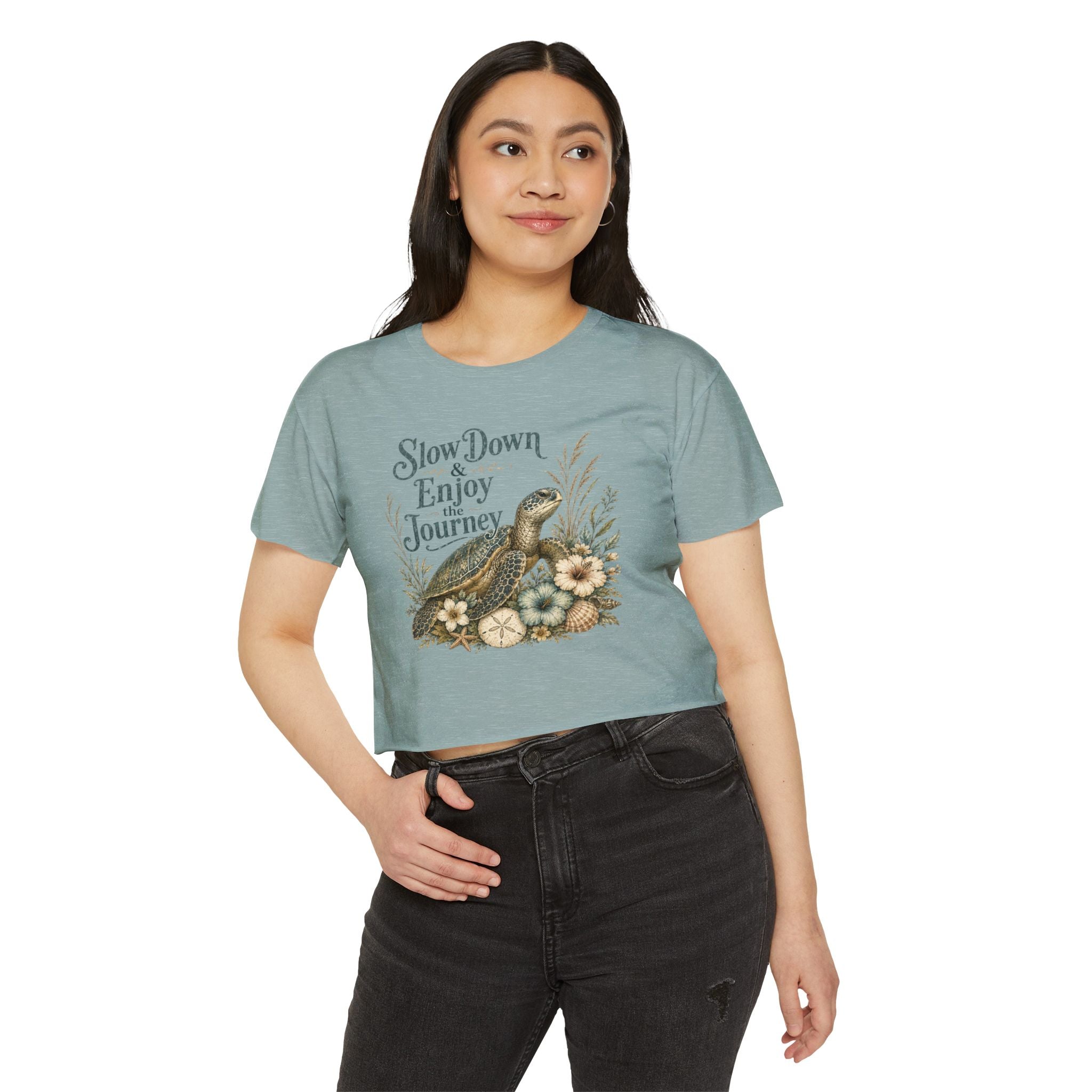 Women’s beach vibe Crop Top — “Slow Down & Enjoy the Journey” Sea Turtle Floral Festival Tee