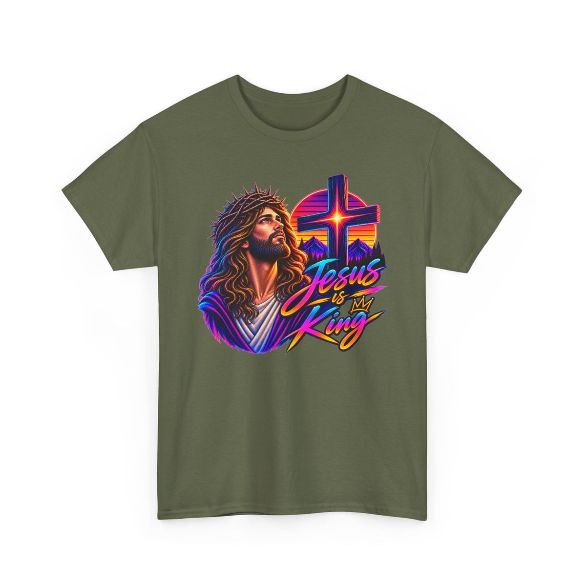 Jesus Is King T-Shirt — Neon Portrait Cross Christian Tee