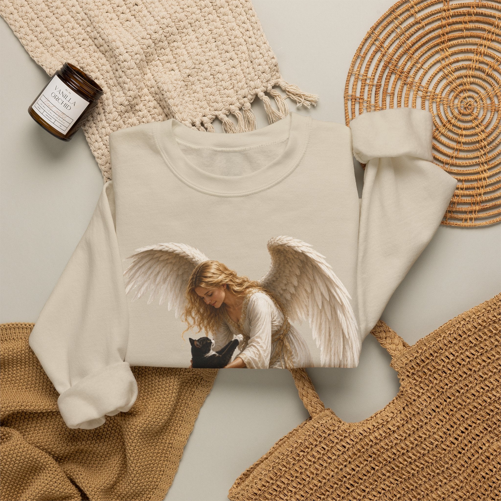 Angel Embrace cat Sweatshirt — Winged Guardian with Cat Graphic