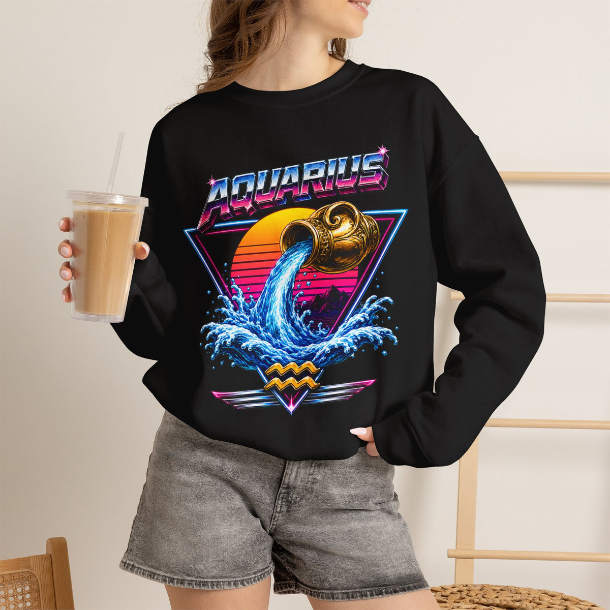 Aquarius Zodiac Crewneck Sweatshirt — Retro Neon Water-Bearer Design