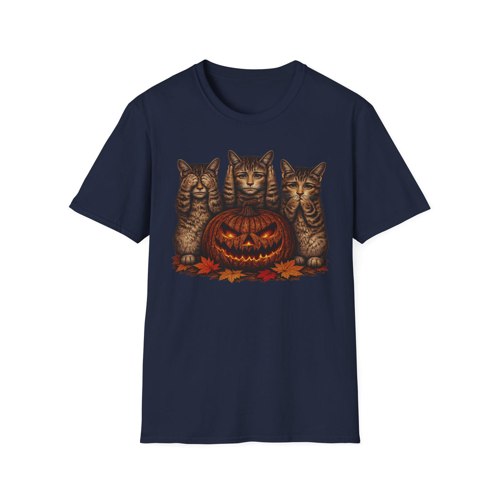 No Evil... Anthropomorphic Cat Pumpkin T-Shirt — Three Spooky Cats with Jack-O'-Lantern