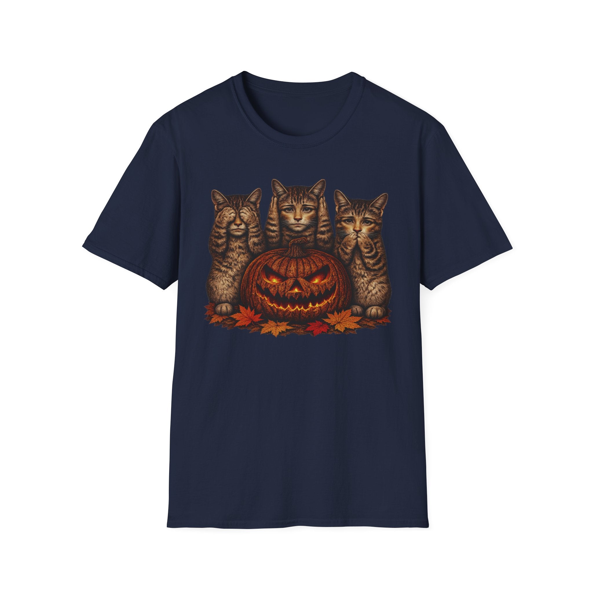 No Evil... Anthropomorphic Cat Pumpkin T-Shirt — Three Spooky Cats with Jack-O'-Lantern