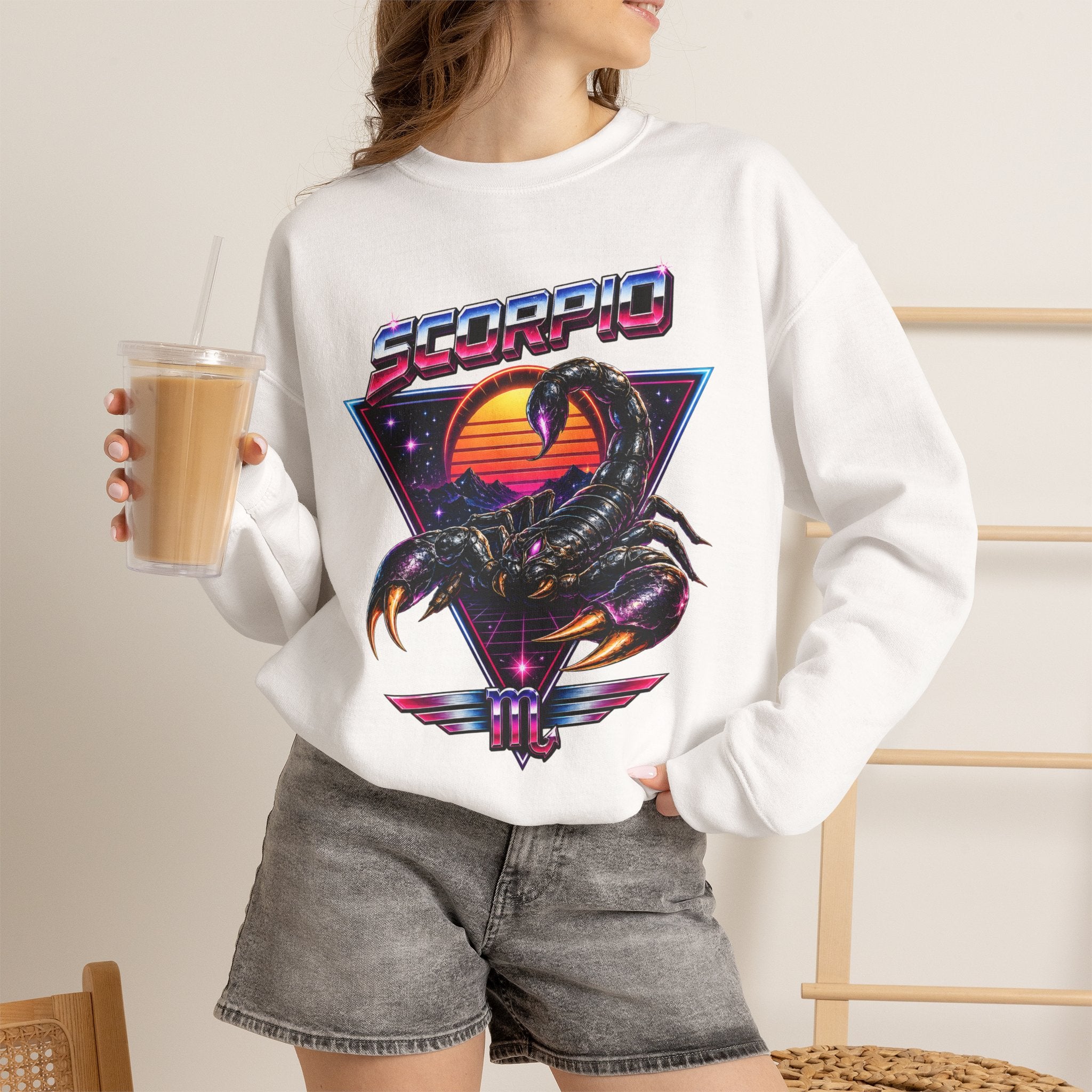 Scorpio Zodiac Crewneck Sweatshirt — Retro Sunset Scorpion Graphic