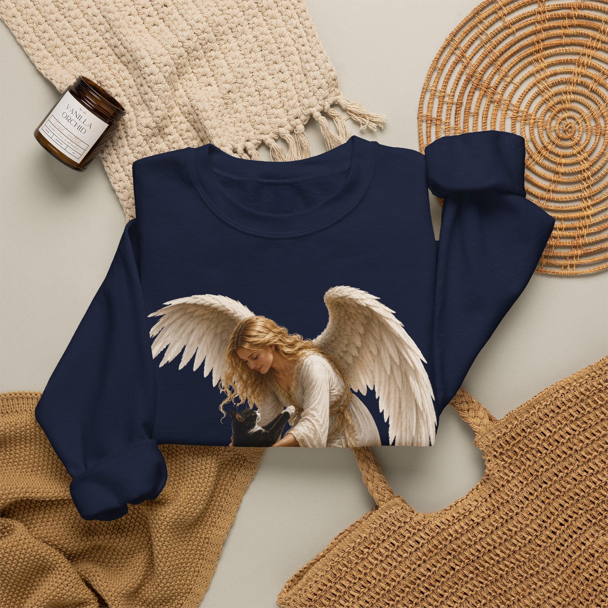 Angel Embrace cat Sweatshirt — Winged Guardian with Cat Graphic