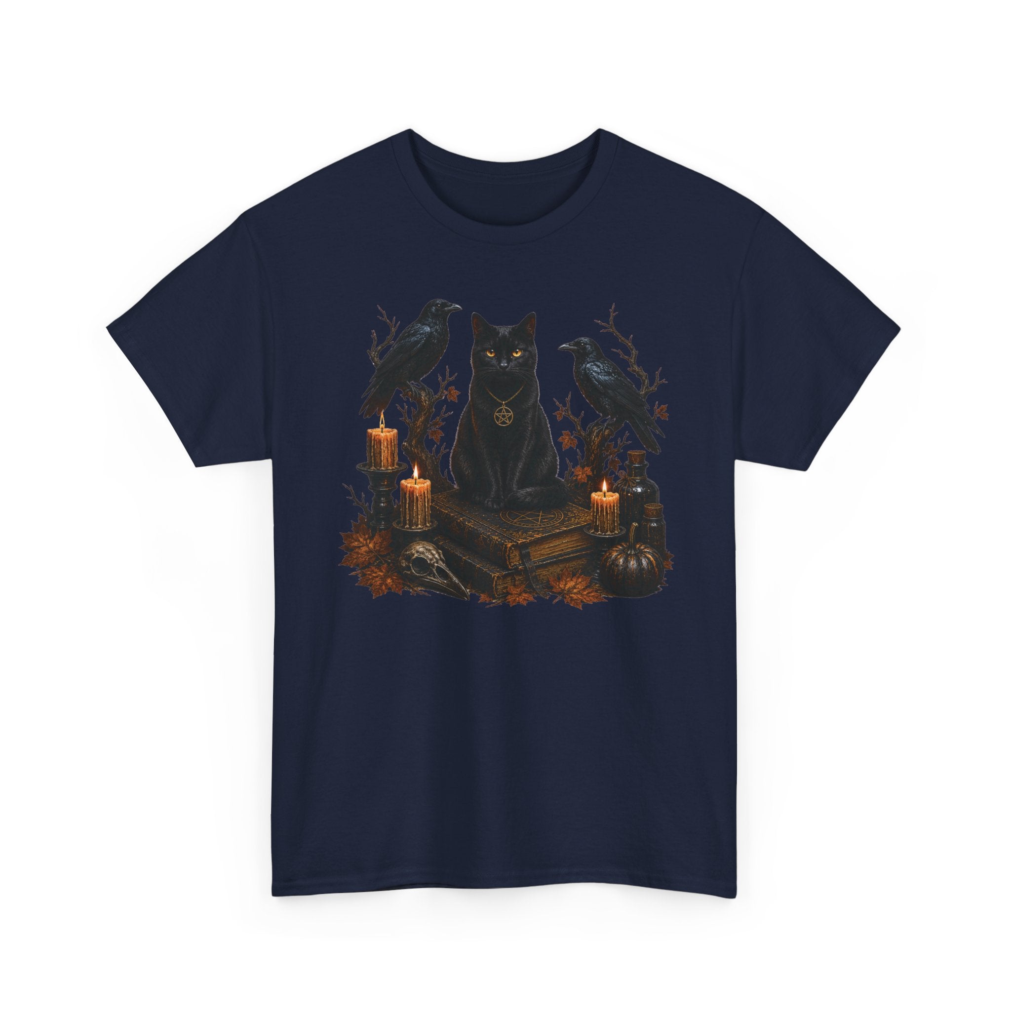 Witchy Black Cat T-Shirt — Candlelit Raven & Grimoire Gothic Tee