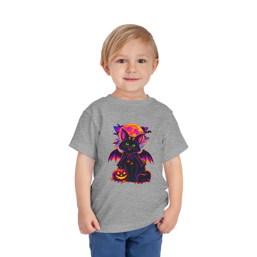 Toddler Tee — Neon Halloween Bat Cat with Pumpkin Graphic
