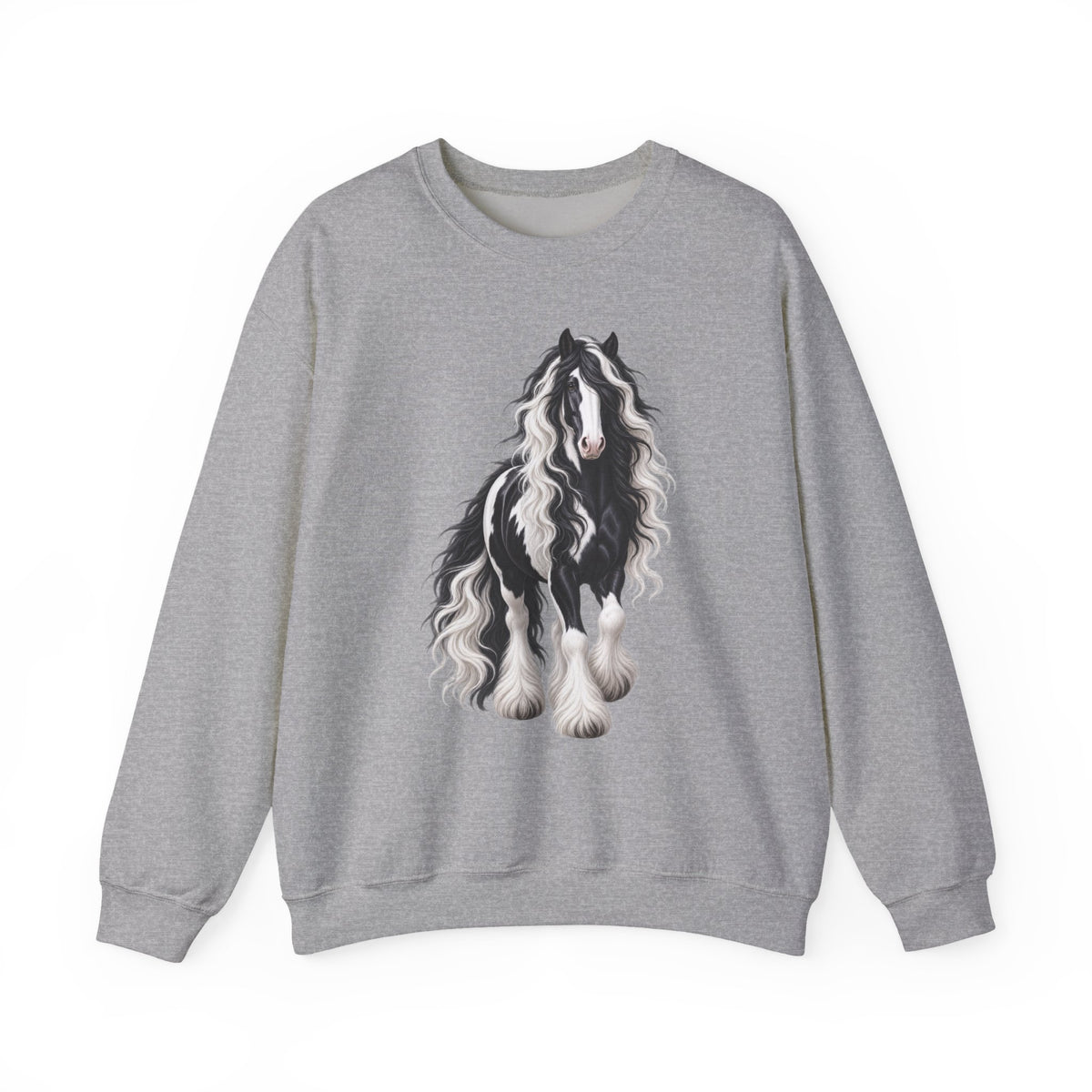 Gypsy Vanner Horse Crewneck Sweatshirt — Black & White Fluffy Pony Graphic