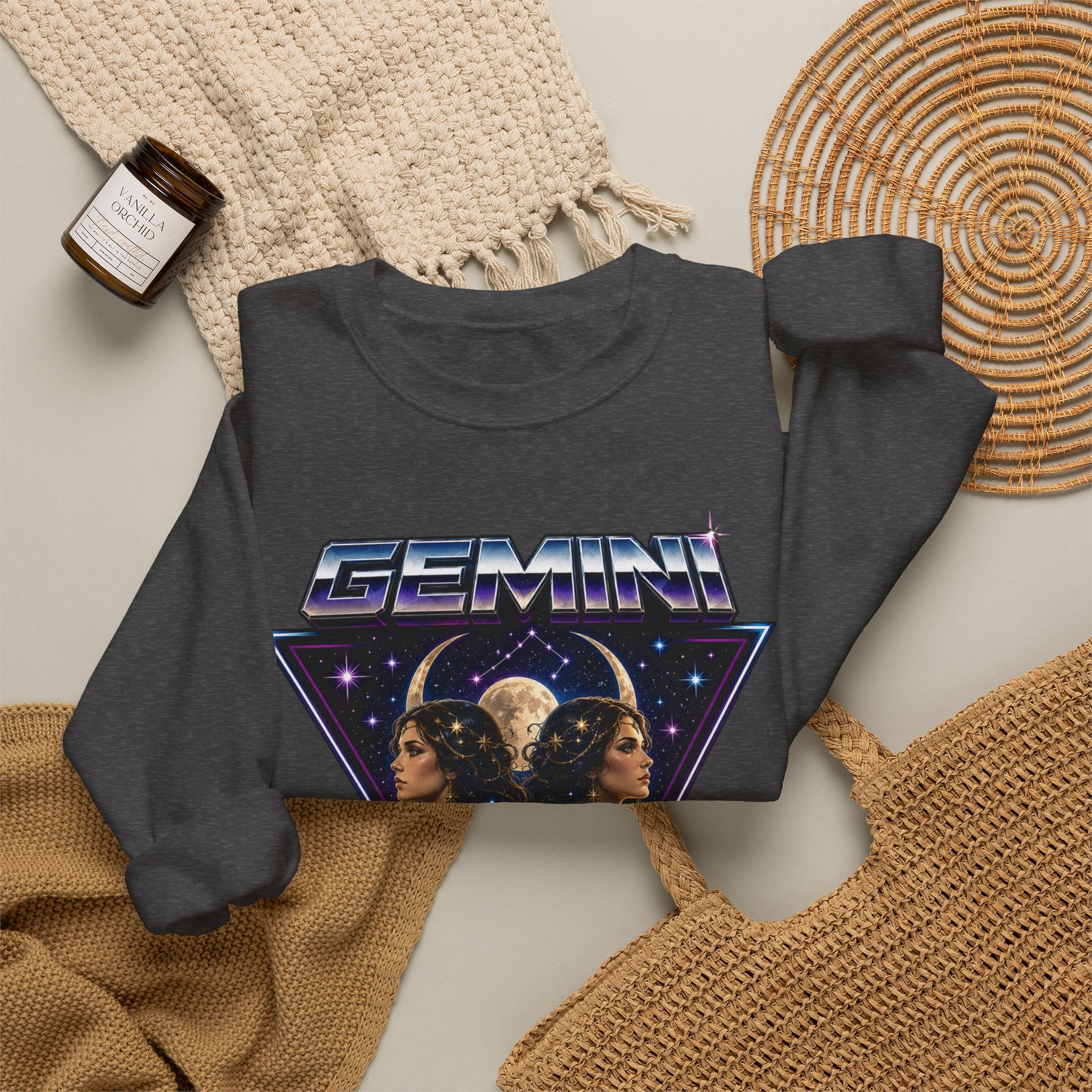 Gemini Zodiac Crewneck Sweatshirt — Retro Twin Astrology Graphic