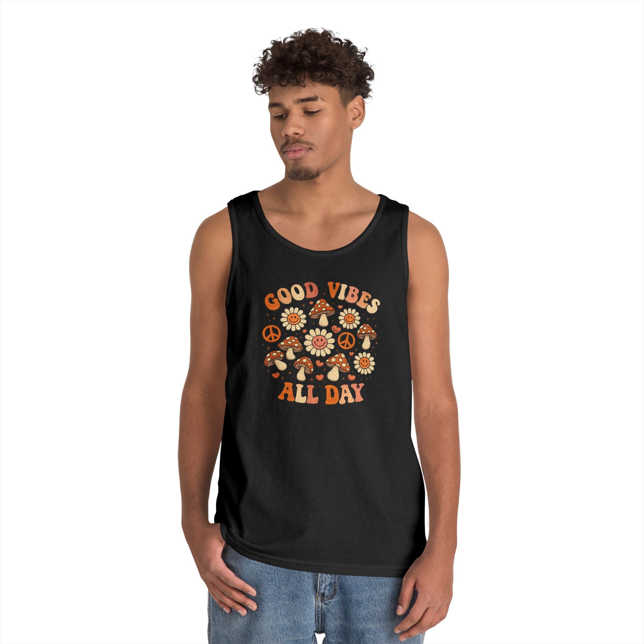 Boho-Good Vibes All Day Tank Top — Retro Mushroom Peace Floral Graphic
