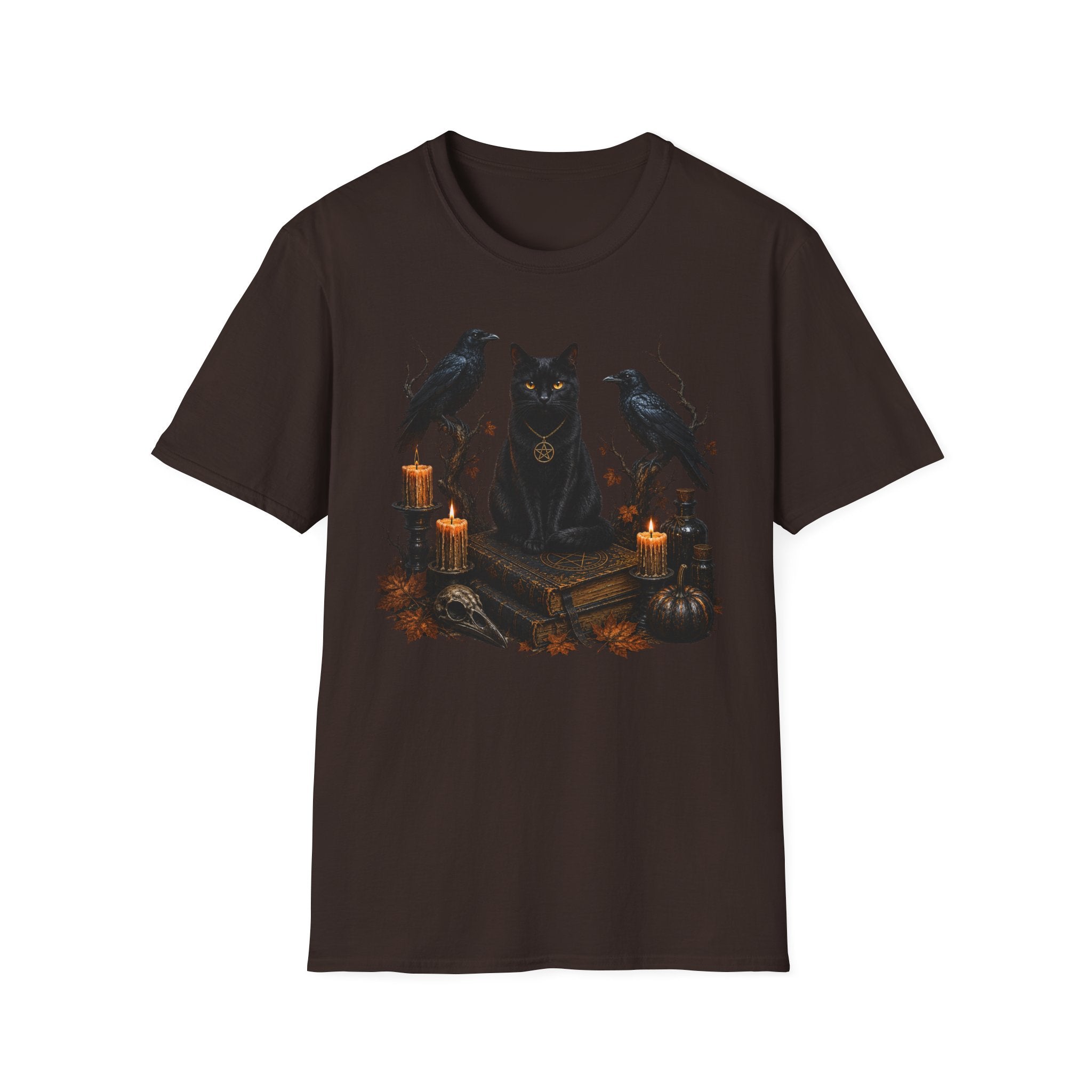 Occult Black Cat T-Shirt — Witchy Candle & Raven Spell Design
