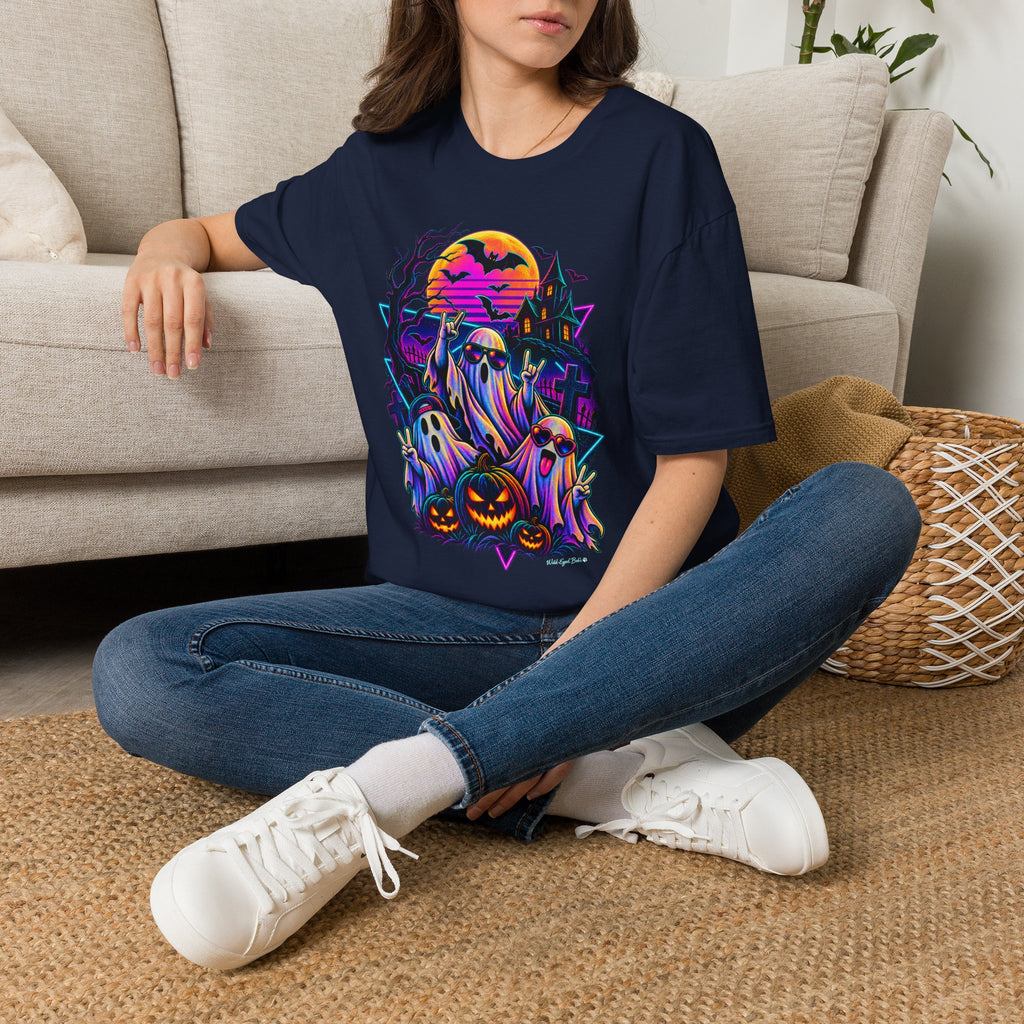 Halloween Neon Ghost T-Shirt — Retro Haunted House Pumpkin Design