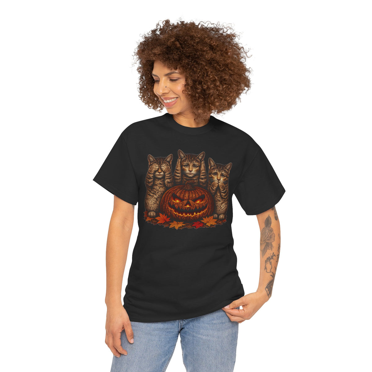 Halloween Cats T-Shirt — Trio of Kittens with Jack-O'-Lantern Fall Tee
