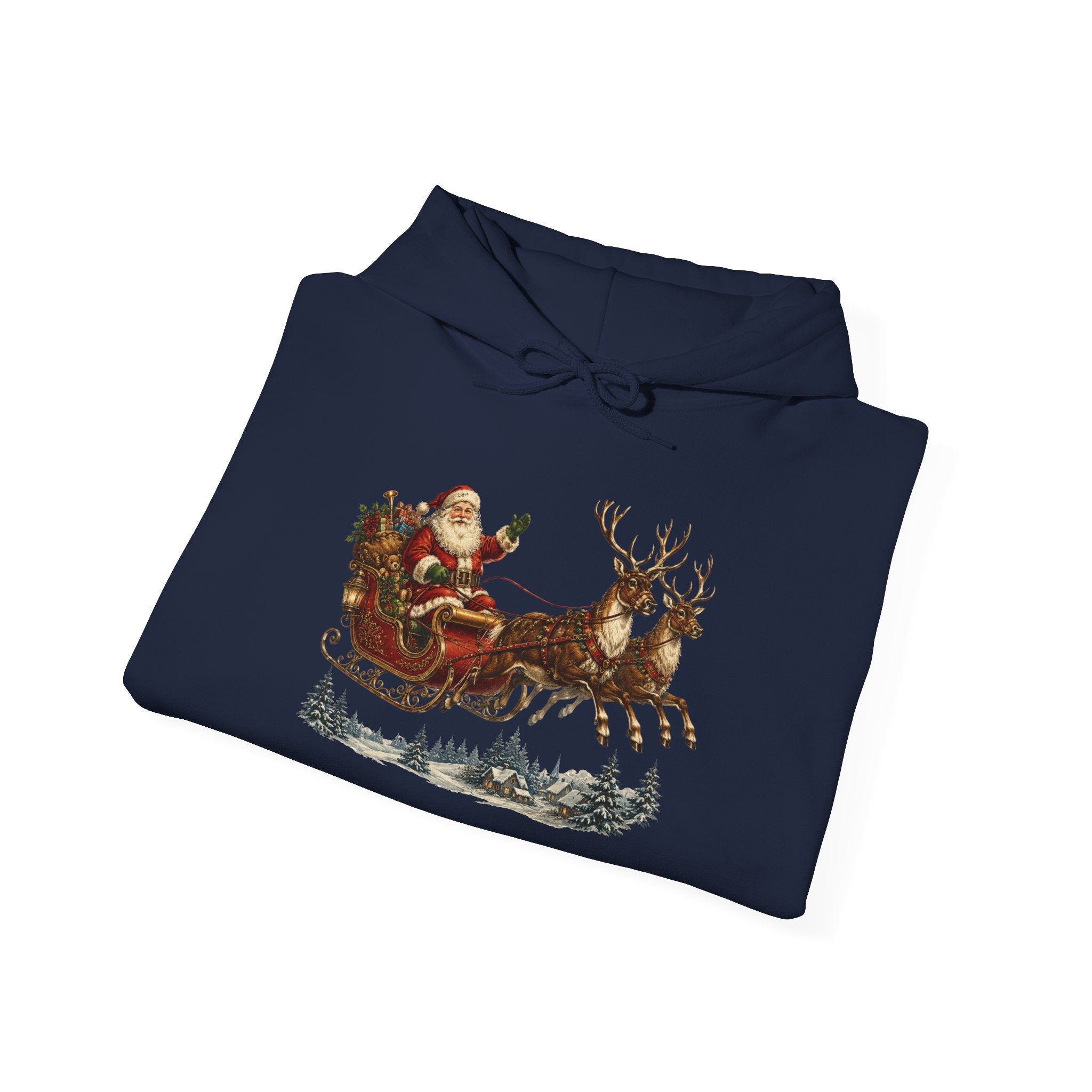 Christmas Santa Sleigh Hoodie - Vintage Santa & Reindeer Holiday Sweatshirt