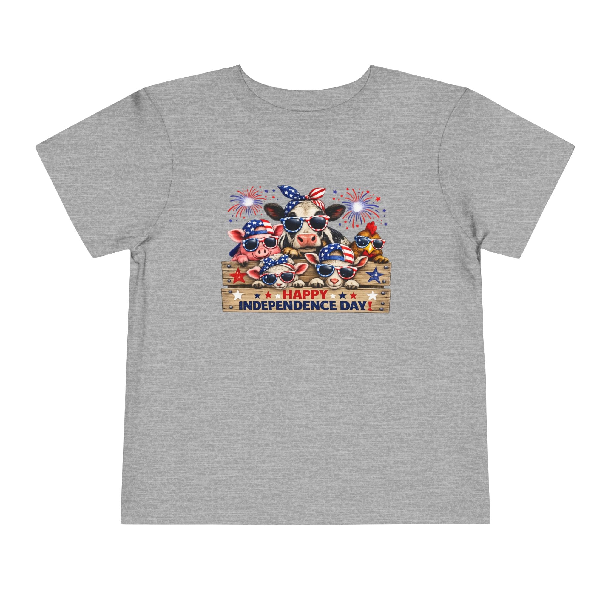 Happy Independence Day Toddler Tee — Patriotic Farm Animals  & Fireworks 4th of July Shirt