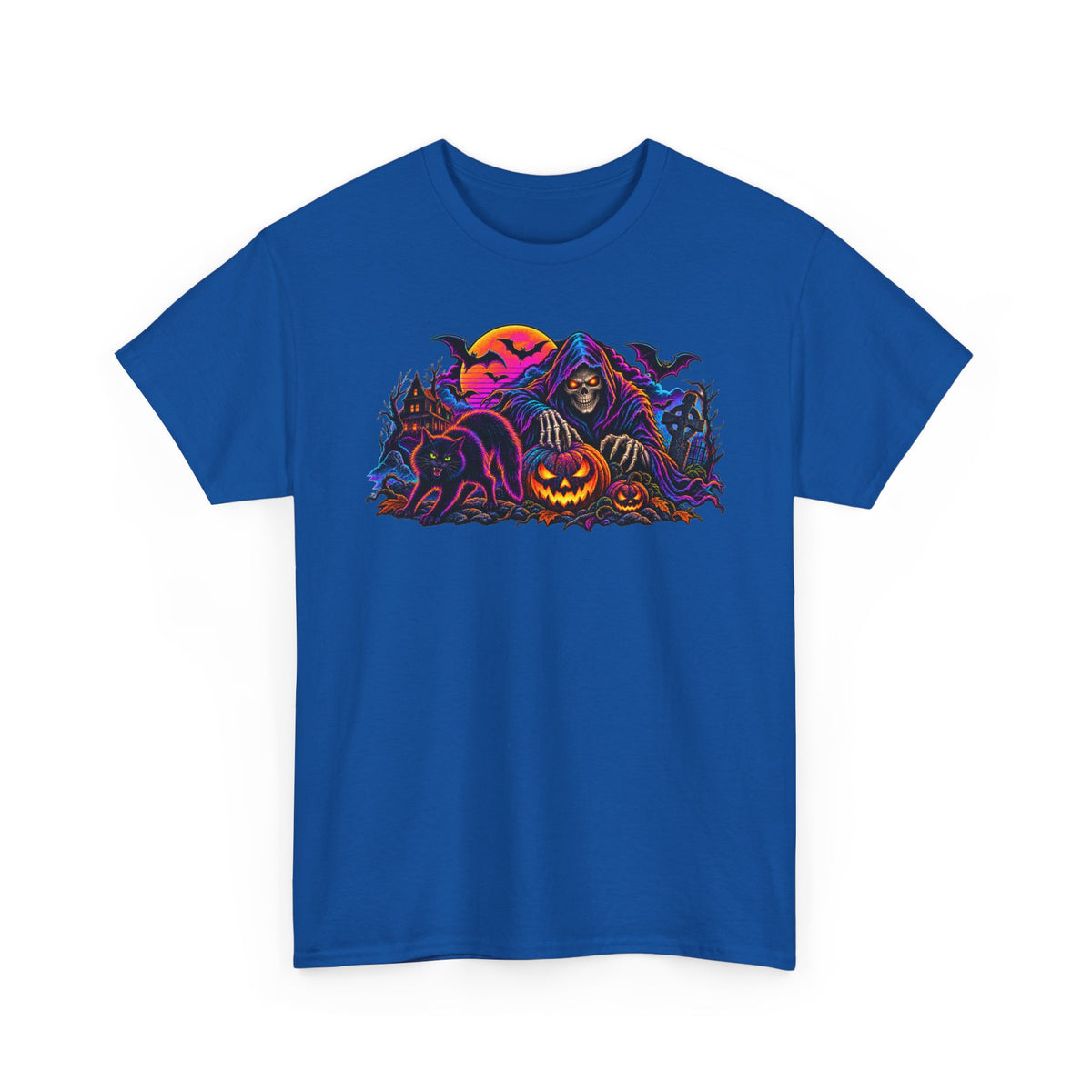 Halloween Grim Reaper Jack-O'-Lantern Tee — Retro Neon Spooky Skull Shirt