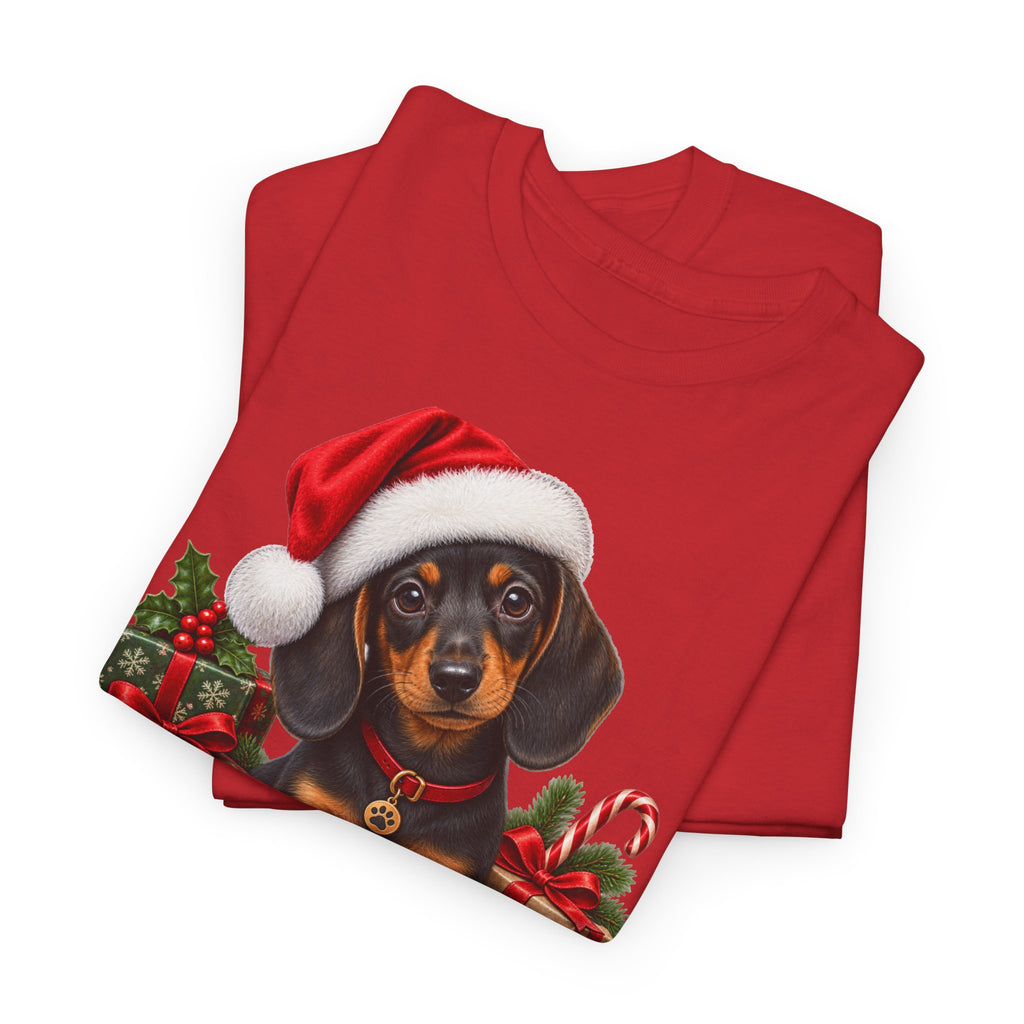 Christmas Dachshund T-Shirt – Cute Puppy in Santa Hat Holiday Tee