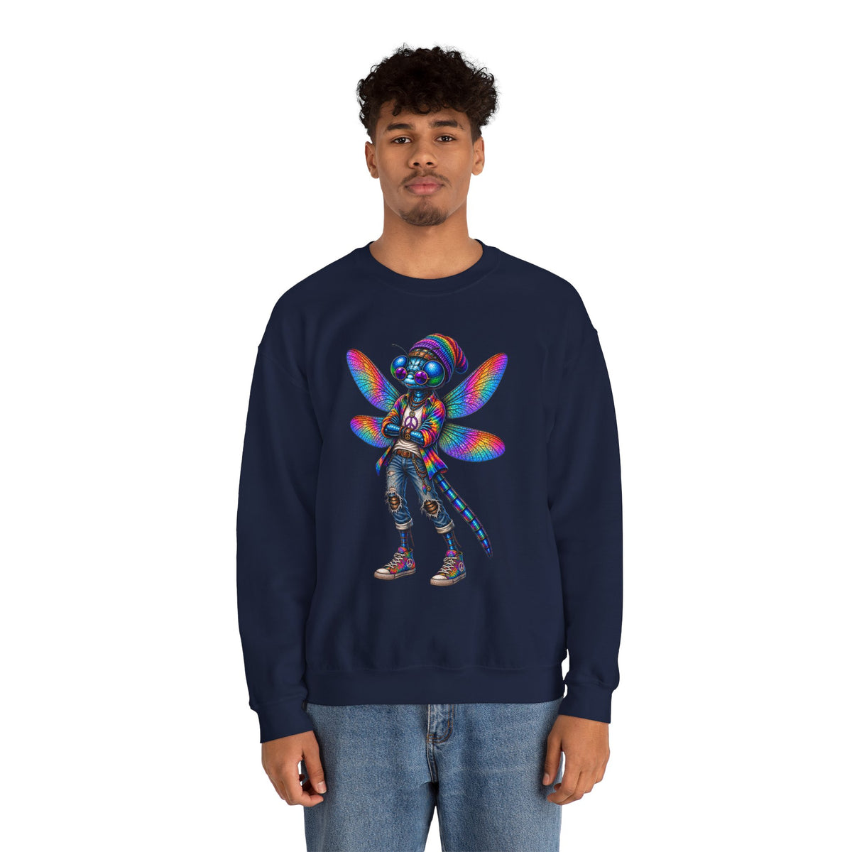 Neon Dragonfly Crewneck Sweatshirt — Rainbow Cyberpunk Kitty Graphic