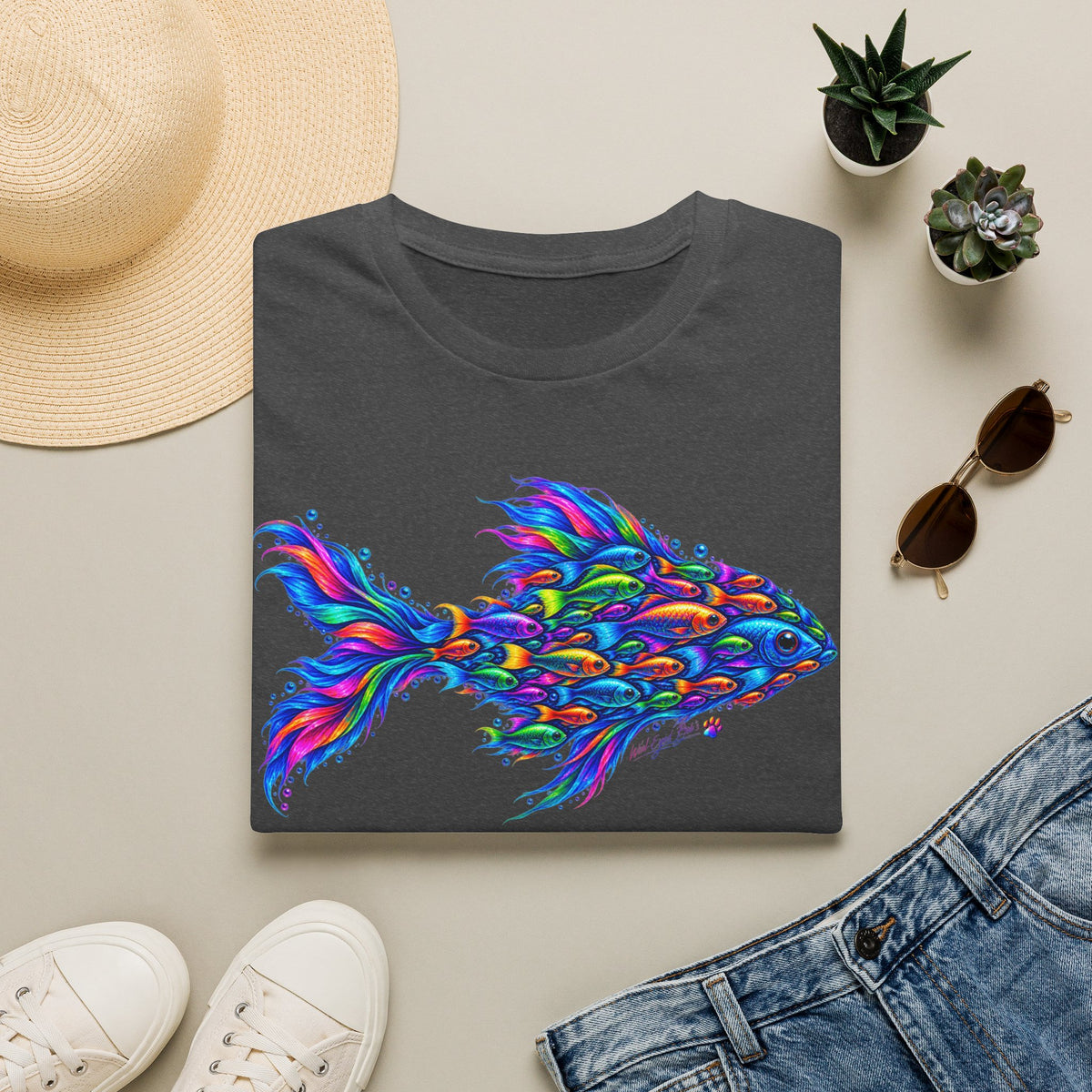Colorful Fish Graphic T-Shirt — Vibrant Psychedelic Aquarium Art Tee