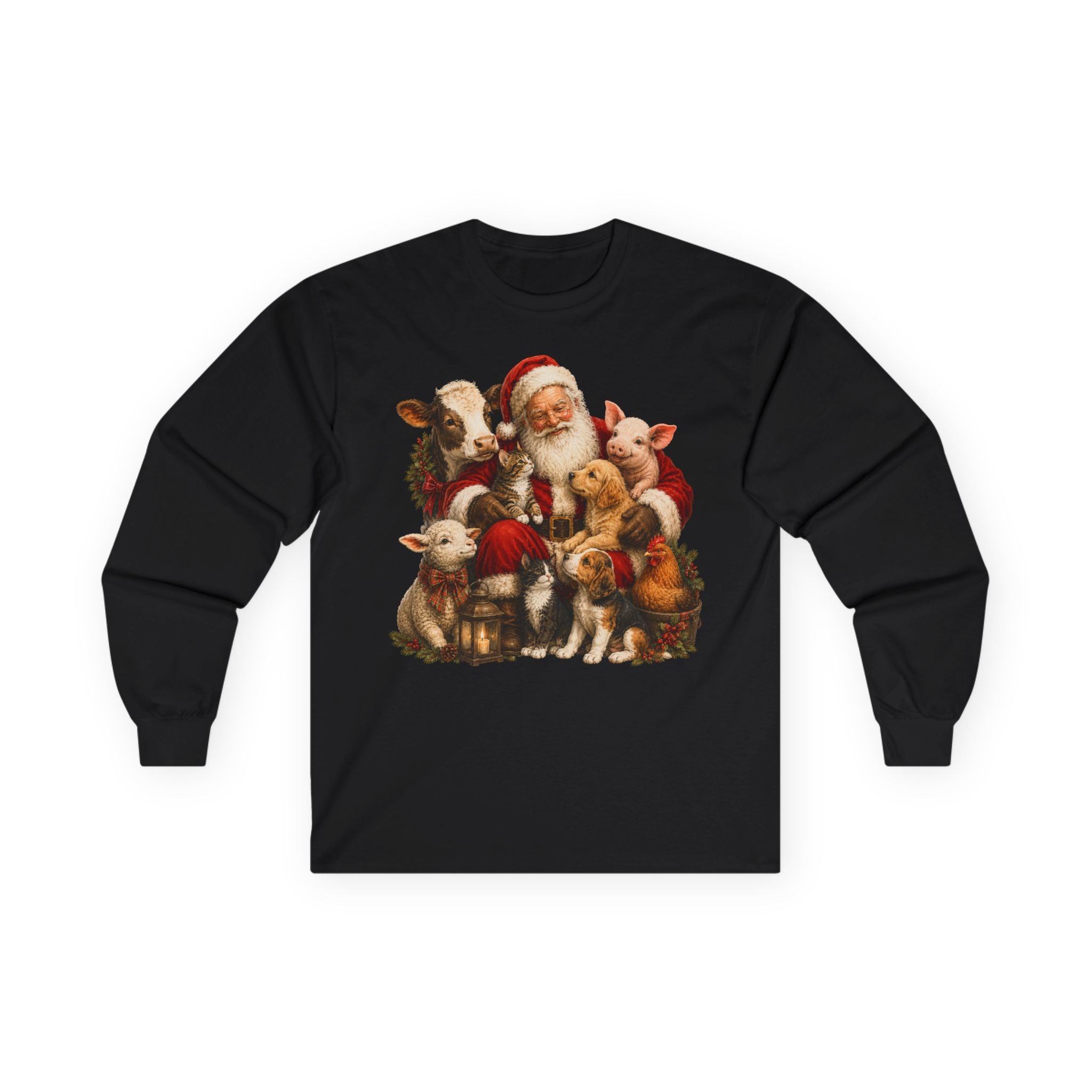 Christmas Santa with farm animals Long Sleeve Tee — Vintage Holiday Animal Shirt