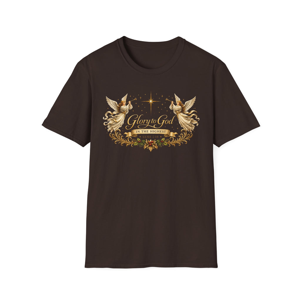 Glory to God Angel Christmas T-Shirt — "In the Highest" Nativity Holiday Tee