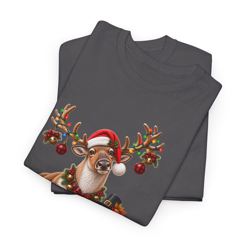 Holiday Mashup Tee — Reindeer with Turkey, Santa Hat & Jack-O’-Lantern