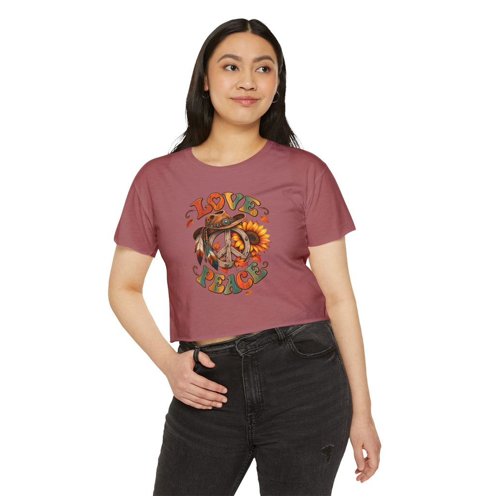 Love & Peace Crop Top — Retro Sunflower Hippie Festival Tee
