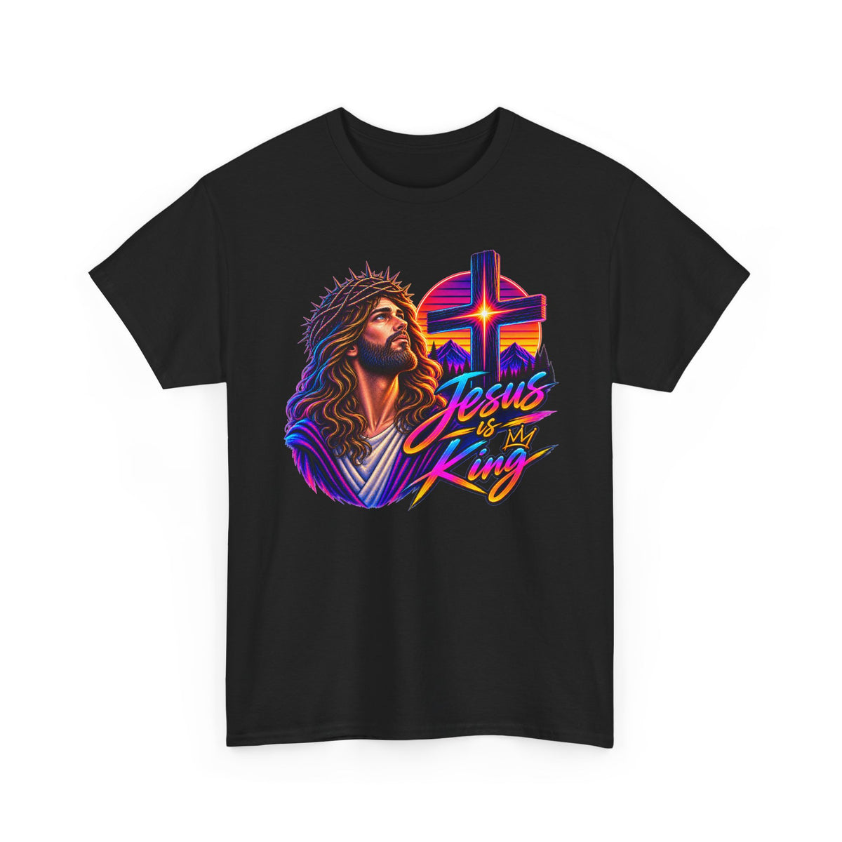 Jesus Is King T-Shirt — Neon Portrait Cross Christian Tee