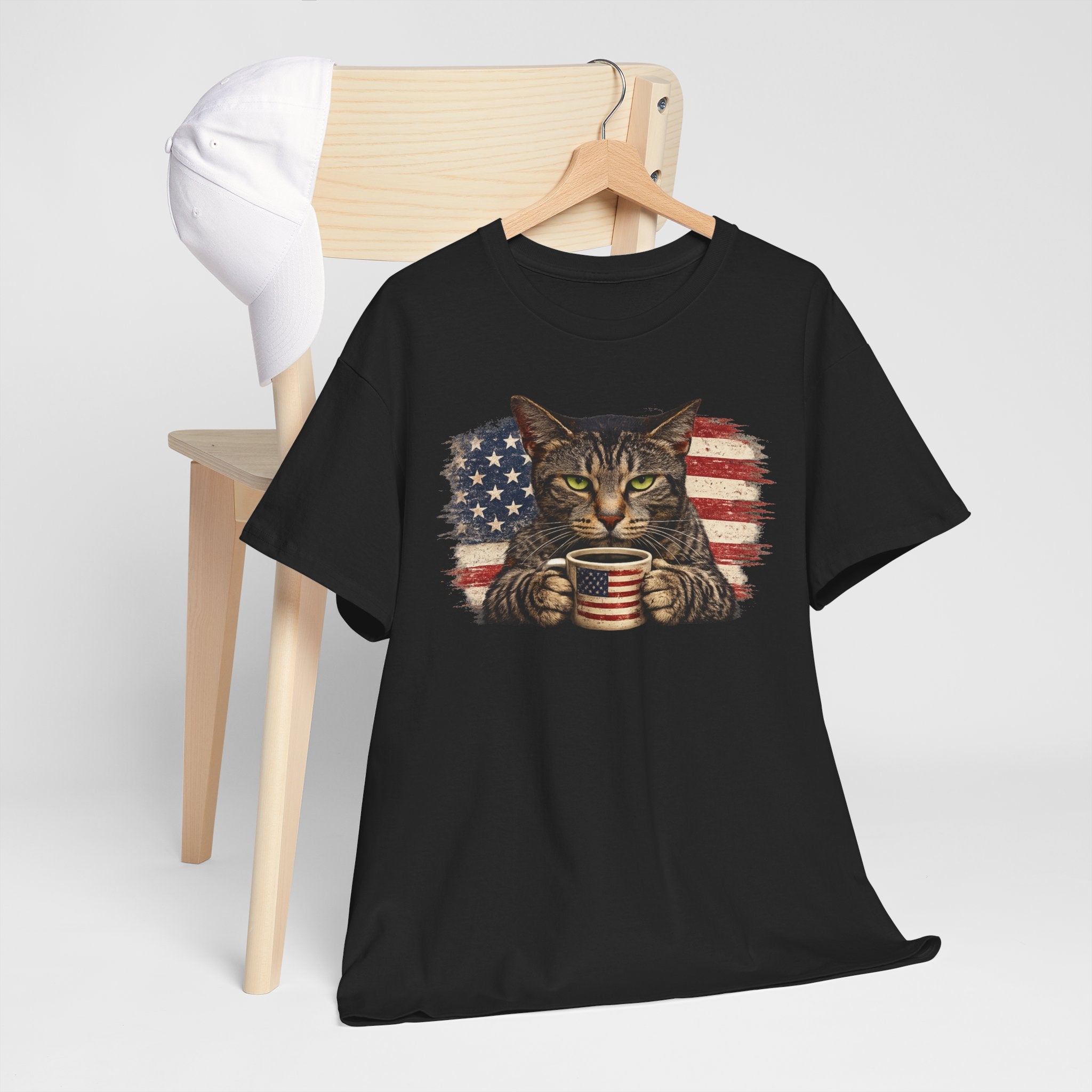 American Flag Cat T‑Shirt — Patriotic Kitten with Coffee Cup