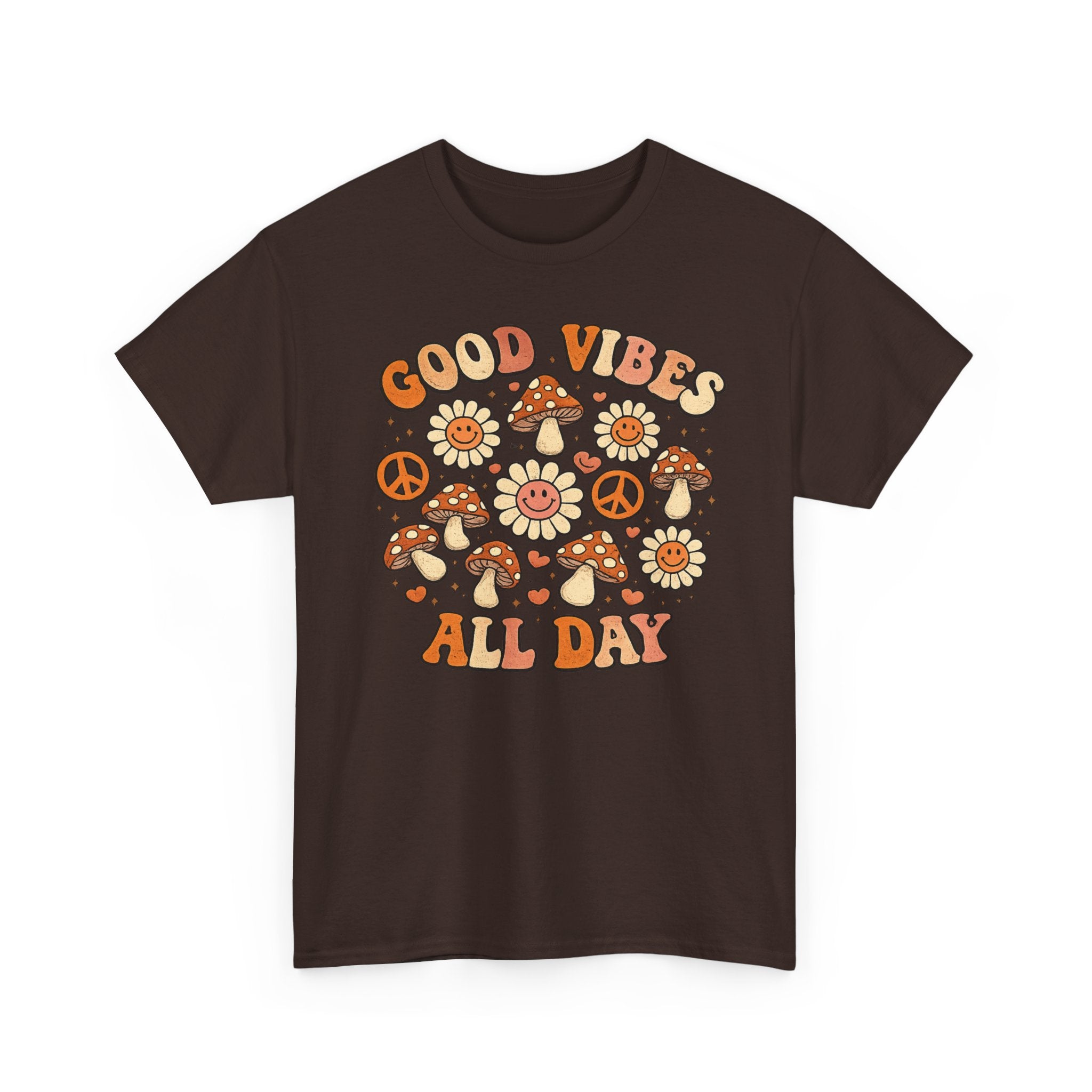 Boho-Good Vibes All Day T-Shirt — Retro Mushroom & Daisy Graphic Tee