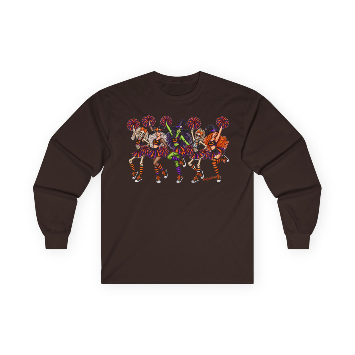 Cheerleader Skeletons and Witches Halloween Long Sleeve Tee