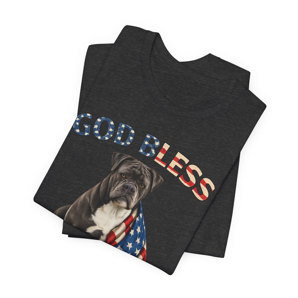 Patriotic Bulldog Tee – "God Bless America" USA Flag Dog T-Shirt