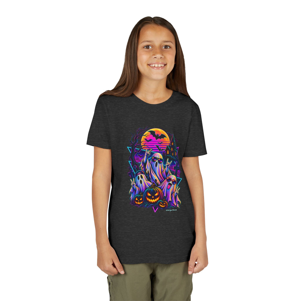 Youth Halloween Ghosts T‑Shirt — Neon Retro Pumpkin Tee