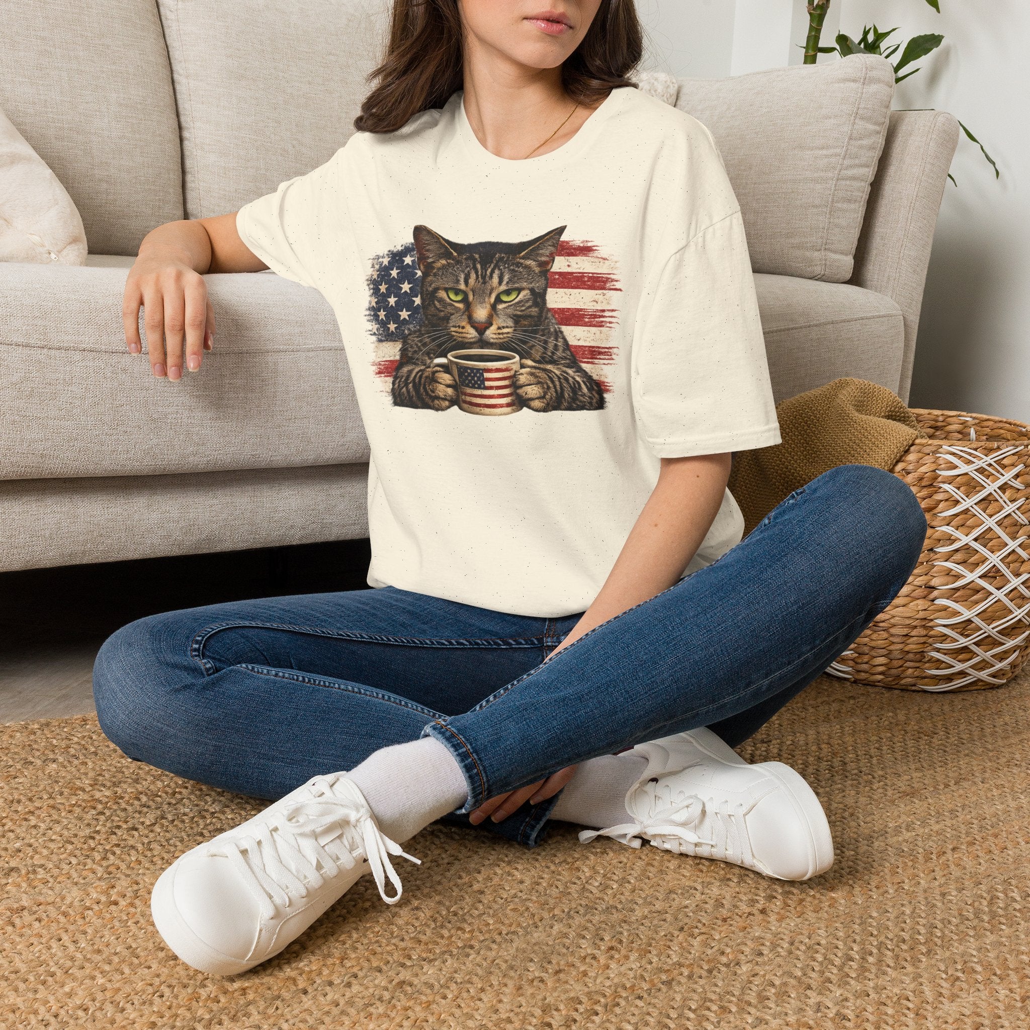 Patriotic Cat T-Shirt — American Flag Kitty with Coffee Mug