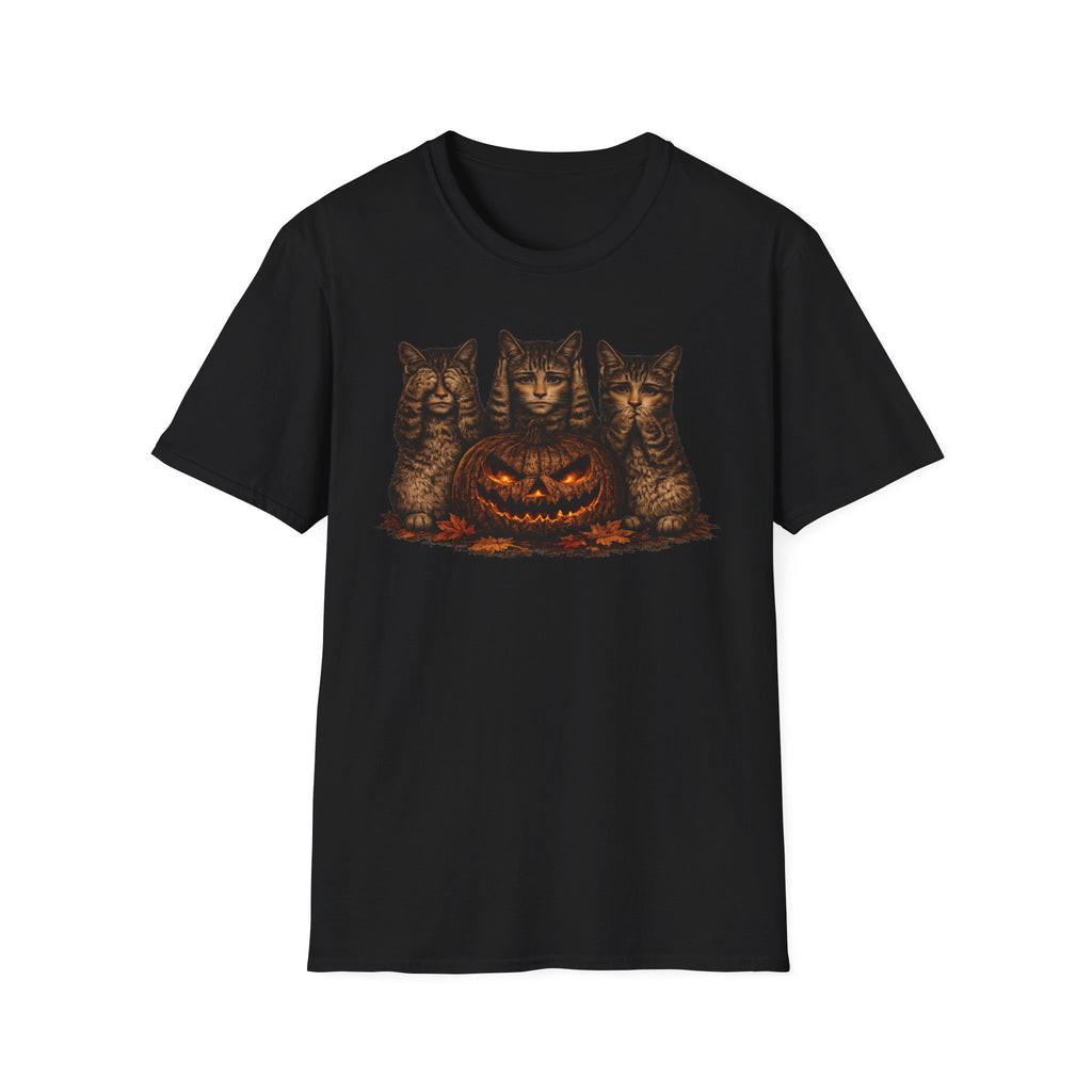 No Evil... Anthropomorphic Cat Pumpkin T-Shirt — Three Spooky Cats with Jack-O'-Lantern