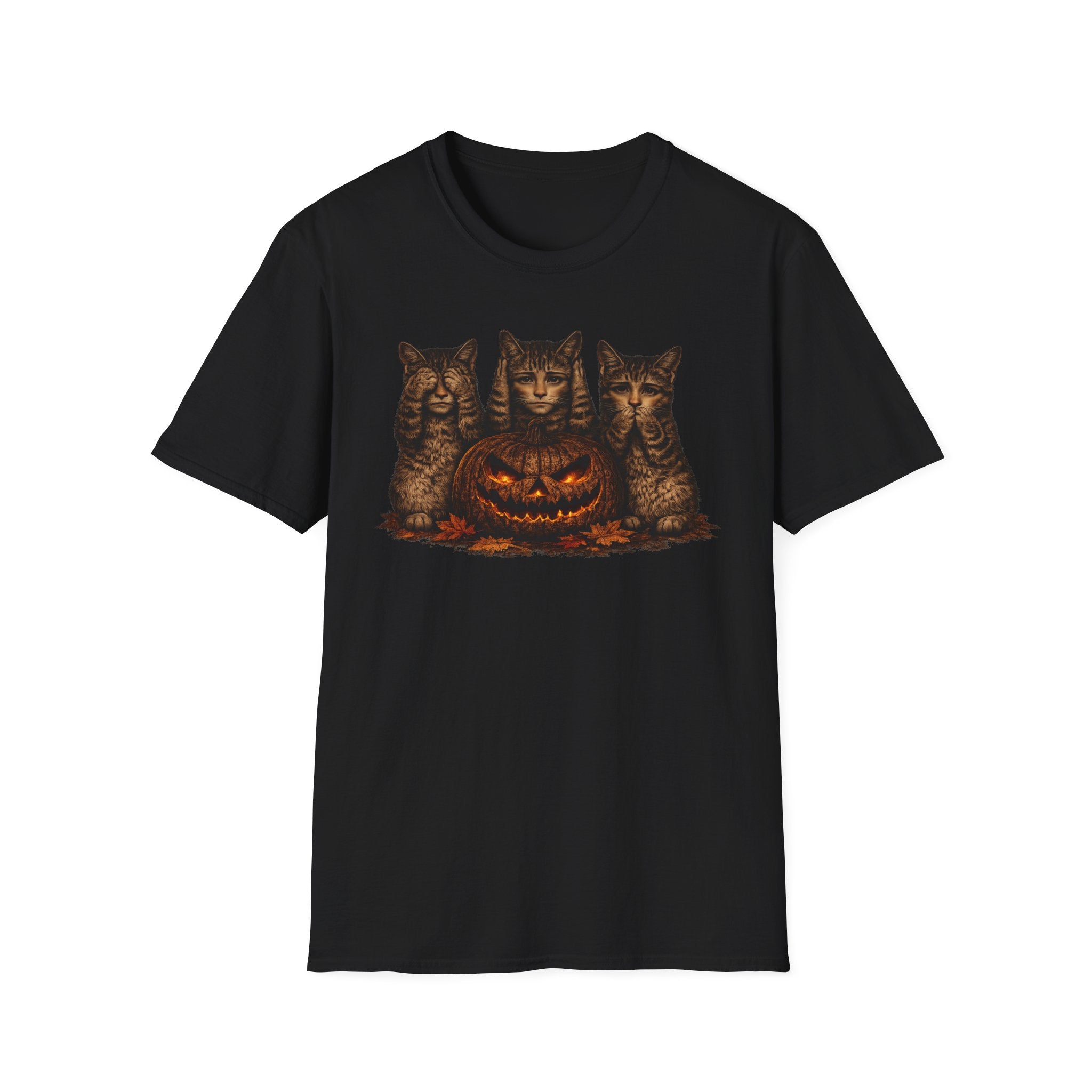 No Evil... Anthropomorphic Cat Pumpkin T-Shirt — Three Spooky Cats with Jack-O'-Lantern