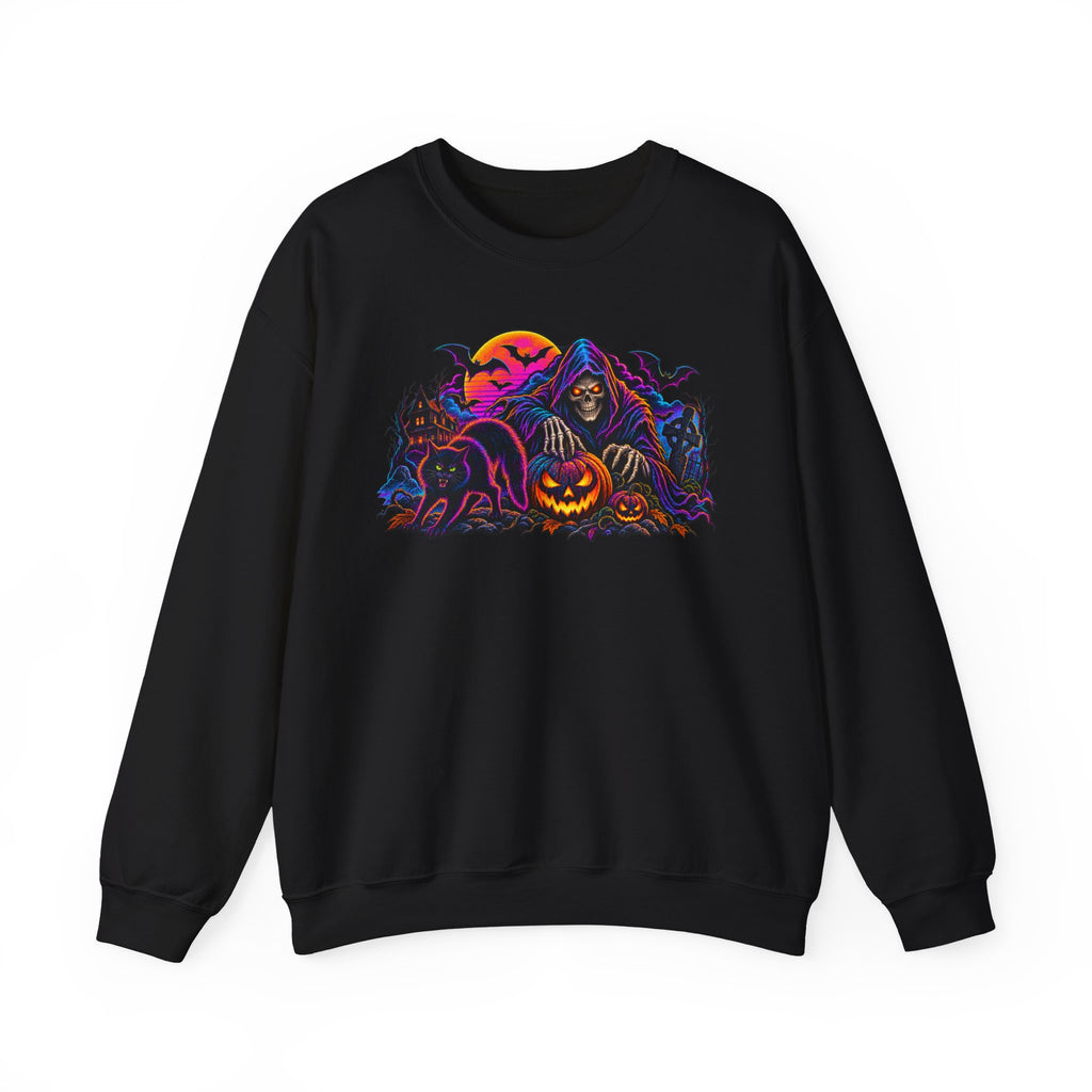Halloween Crewneck Sweatshirt — Neon Haunted Pumpkin & Grim Reaper Design