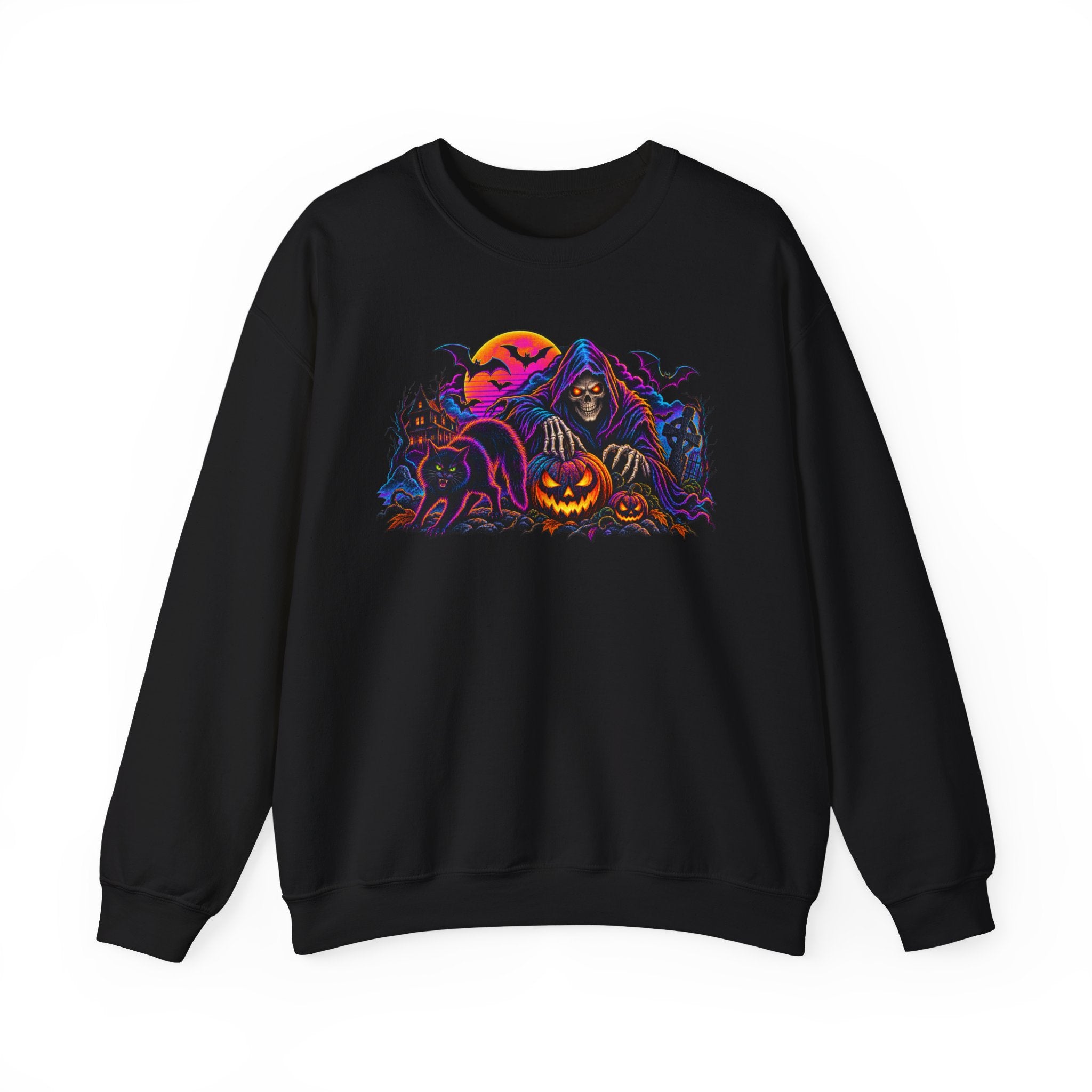Halloween Crewneck Sweatshirt — Neon Haunted Pumpkin & Grim Reaper Design