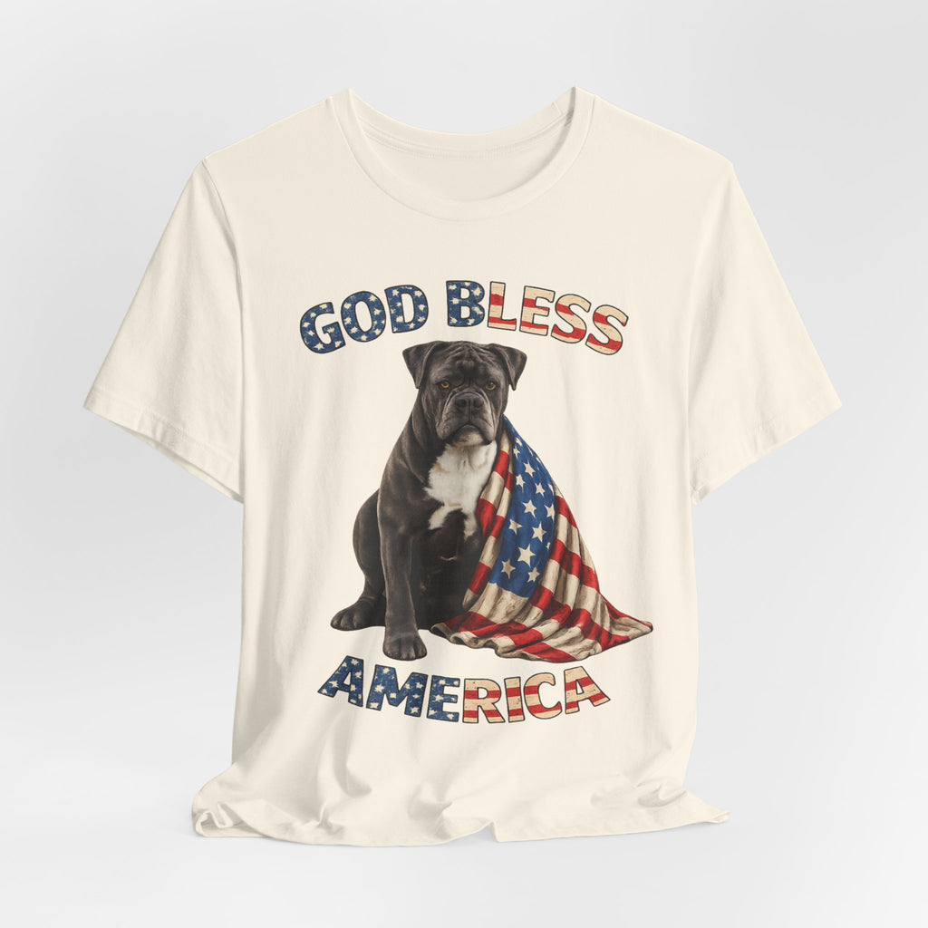 Patriotic Bulldog Tee – "God Bless America" USA Flag Dog T-Shirt
