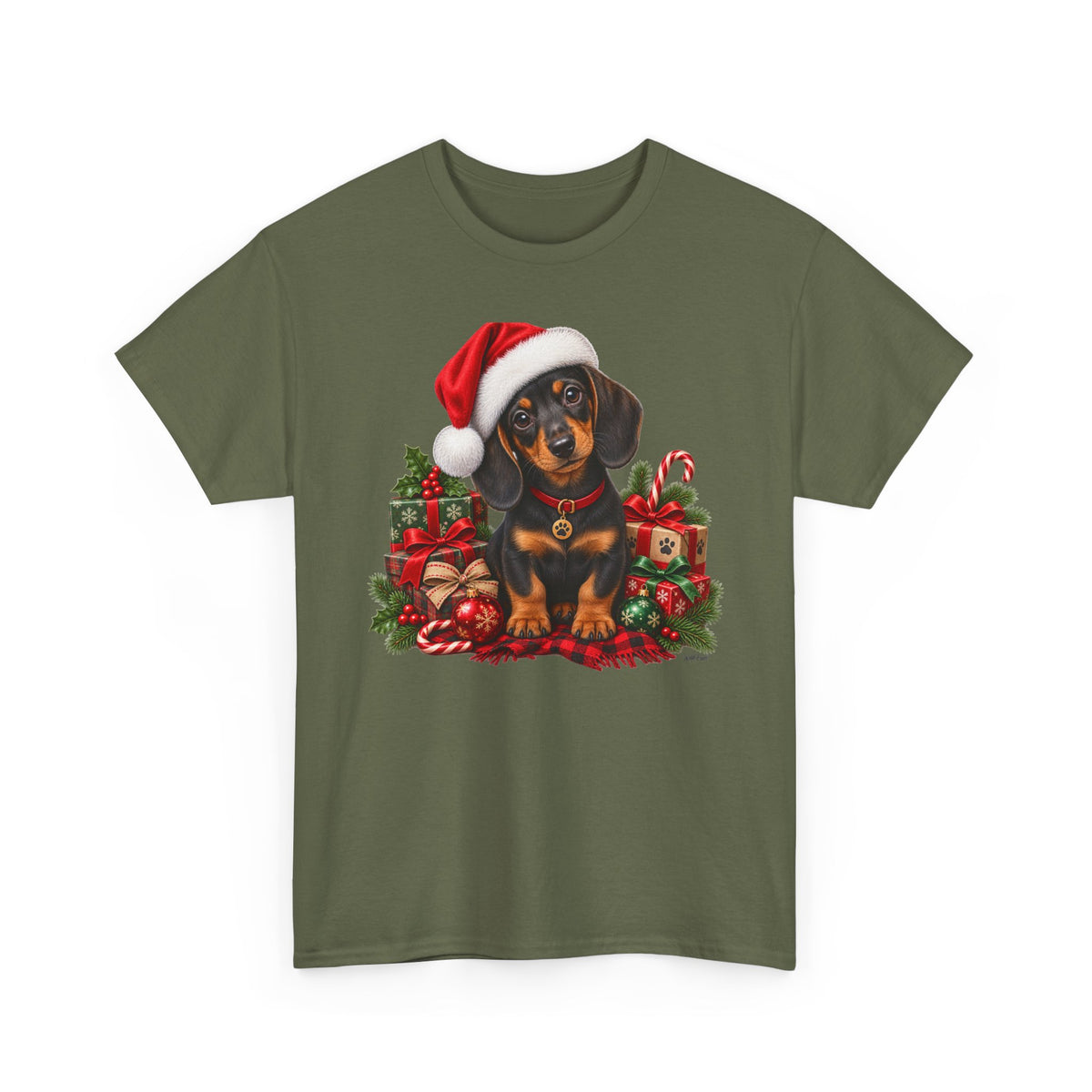 Christmas Dachshund T-Shirt – Cute Puppy in Santa Hat Holiday Tee