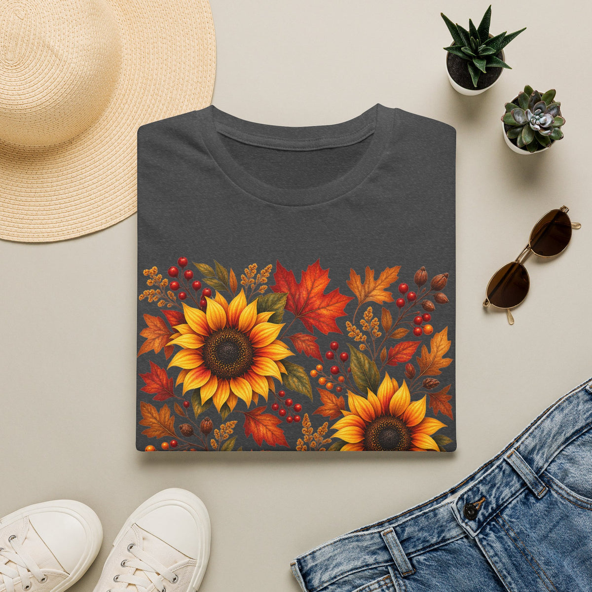 Sunflower & Autumn Leaves T-Shirt — Fall Floral Tee