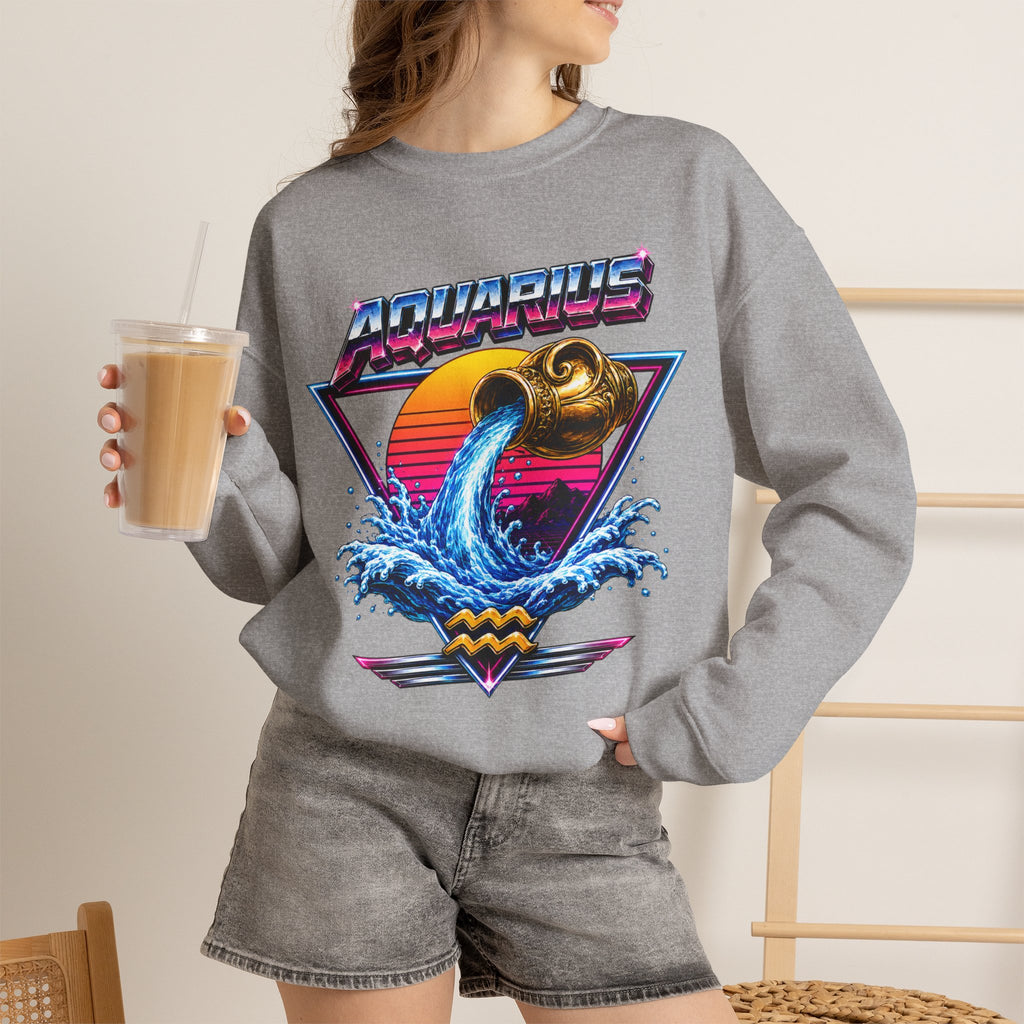 Aquarius Zodiac Crewneck Sweatshirt — Retro Neon Water-Bearer Design