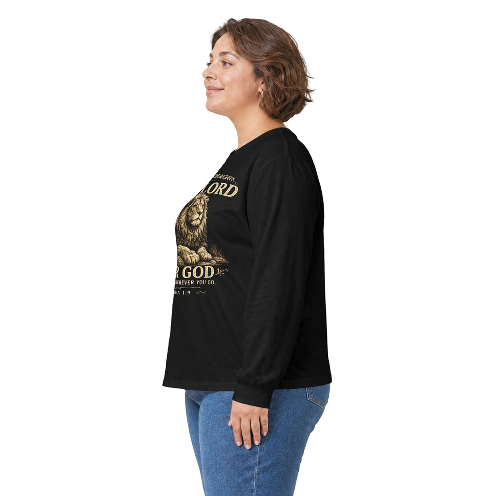 Christian Lion Long Sleeve Tee — “Be Strong & Courageous, The Lord Your God” Inspirational Shirt