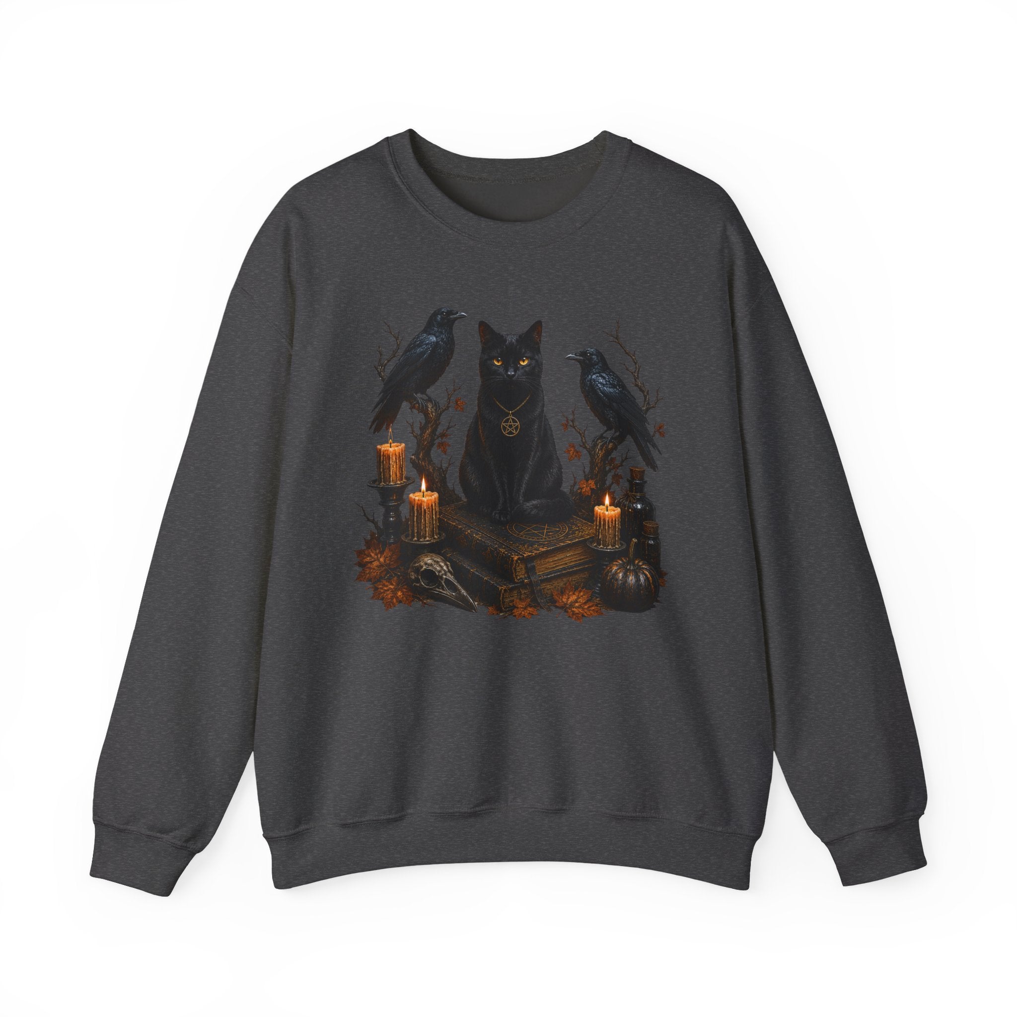 Witchy Black Cat Sweatshirt — Gothic Candle & Raven Halloween Crewneck