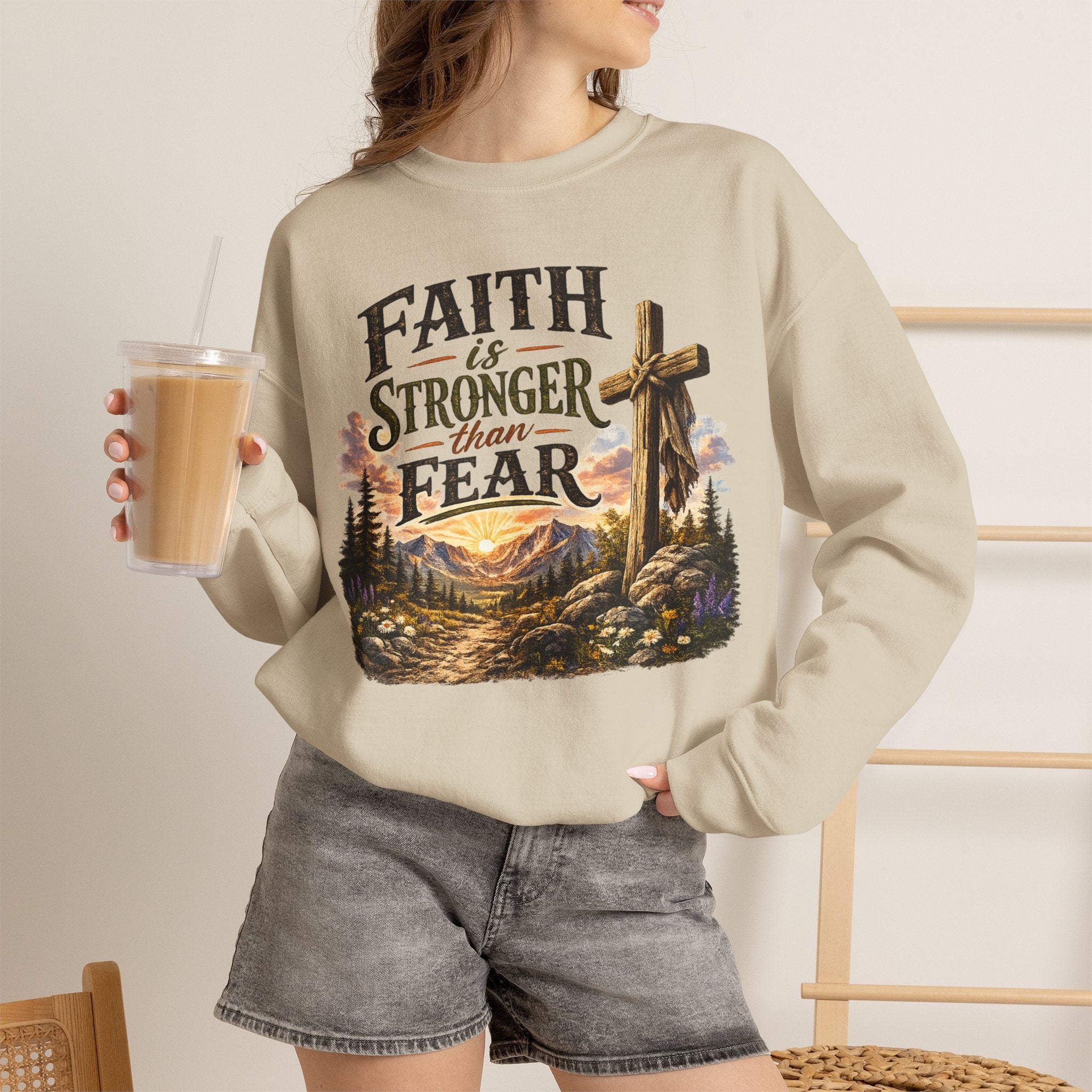 Faith Is Stronger Than Fear Crewneck Sweatshirt — Christian Cross Mountain Design