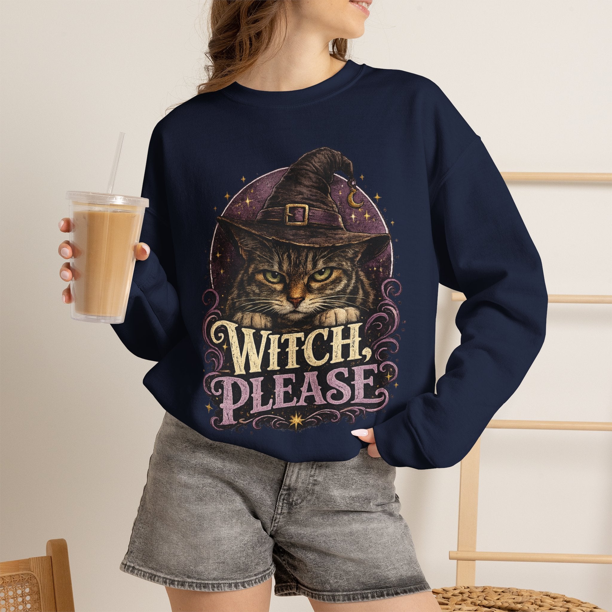 Witch Please Sweatshirt — Halloween Cat Witch Graphic Crewneck