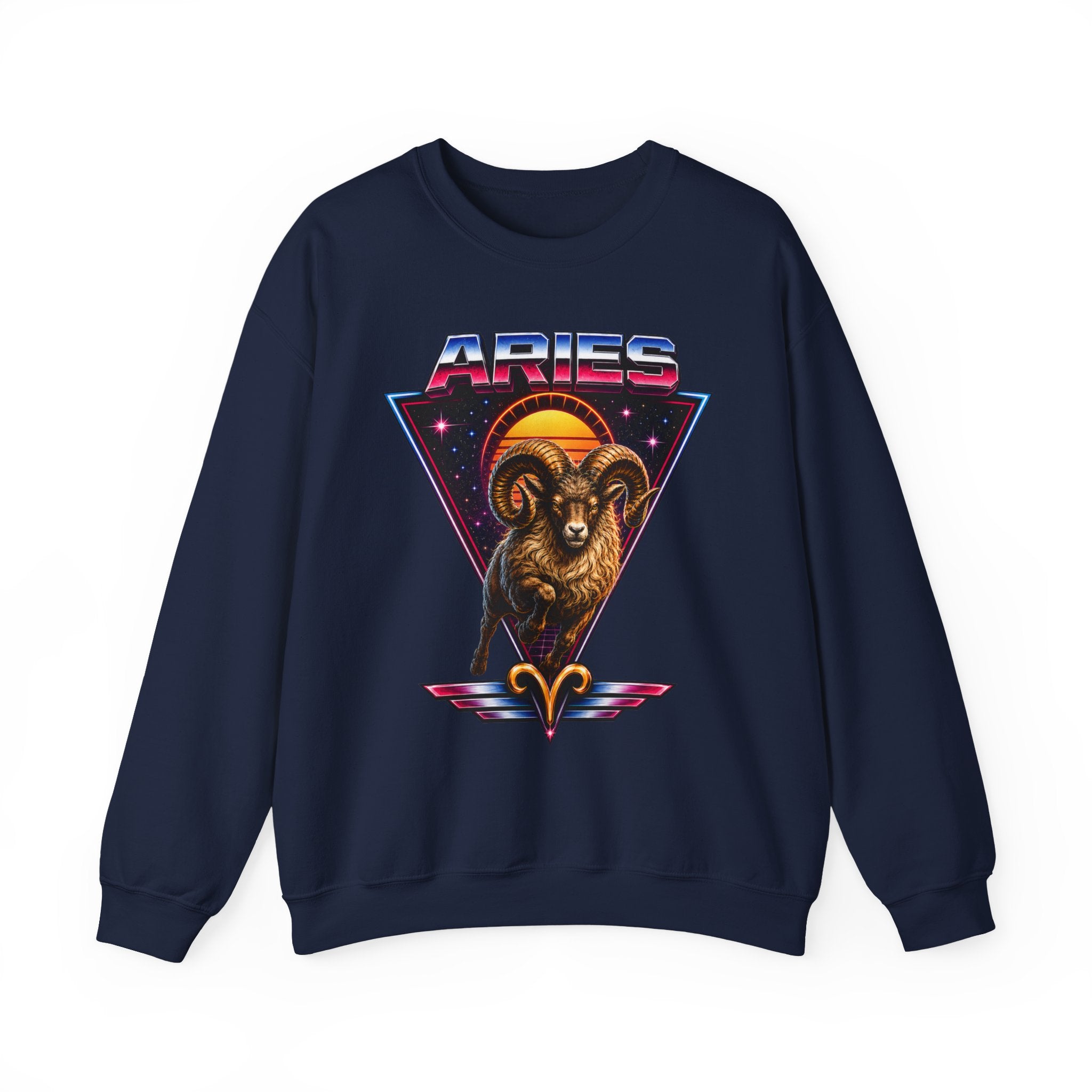 Aries Zodiac Crewneck Sweatshirt — 80s Retro Ram Astrology Graphic