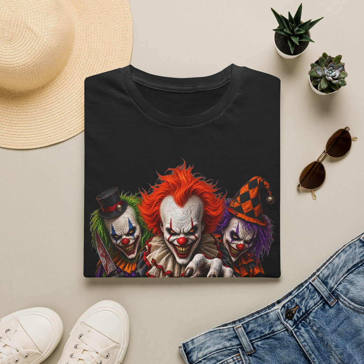 Creepy Clown Trio Halloween T-Shirt — Scary Clown Pumpkin Design
